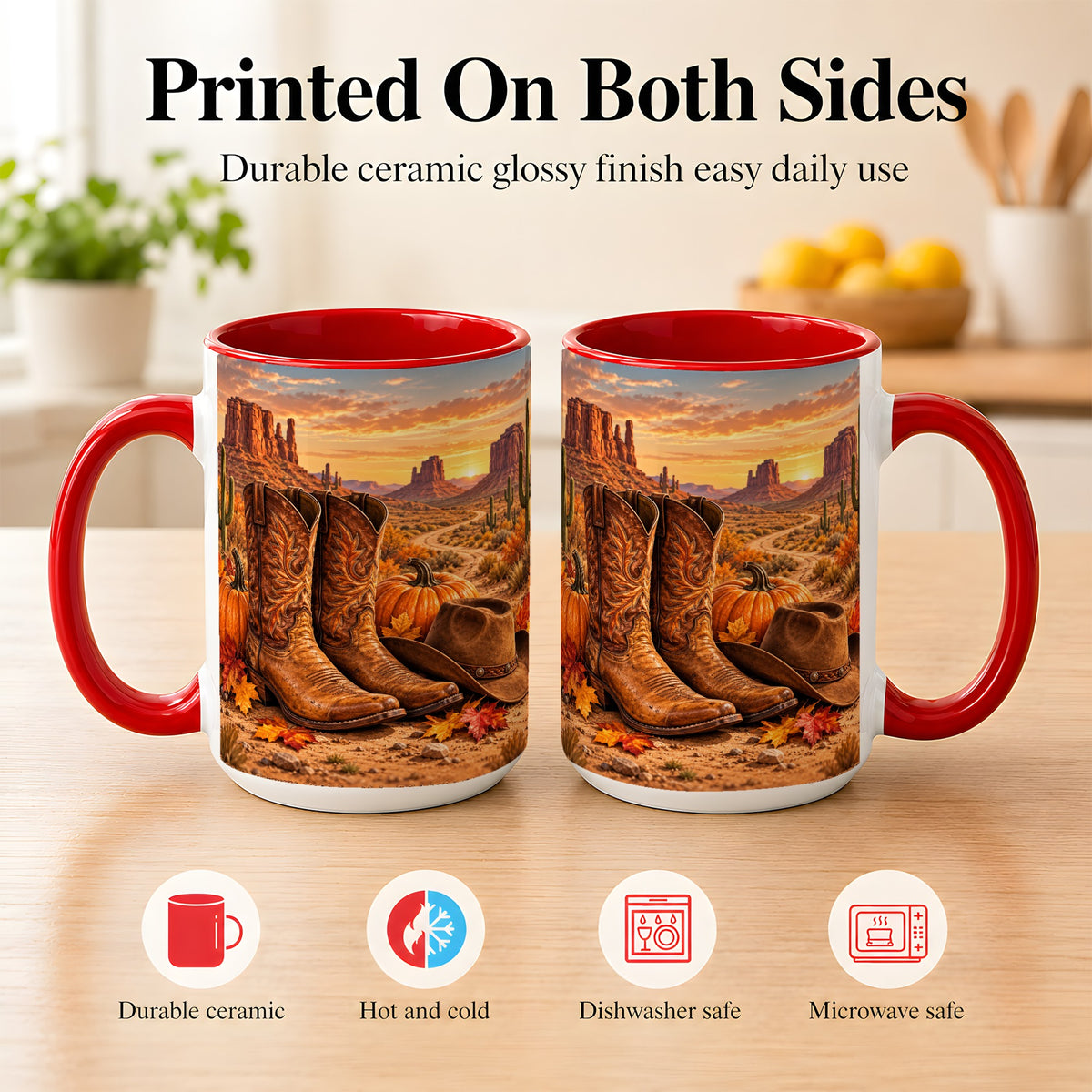 #pl[15oz|Red] Western Autumn Coffee Mug, Cowboy Boots Mug, Ceramic Cup