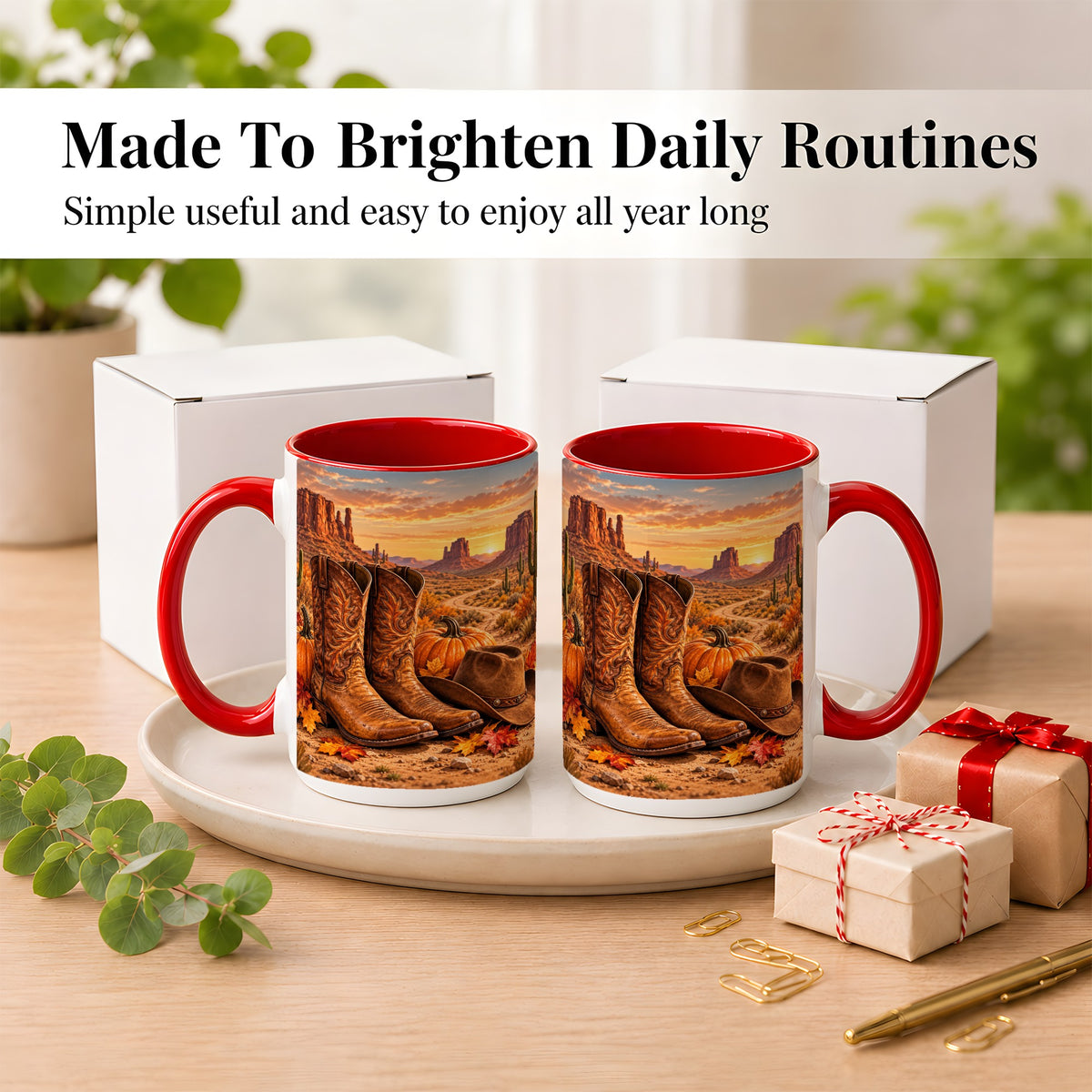 #pl[15oz|Red] Western Autumn Coffee Mug, Cowboy Boots Mug, Ceramic Cup