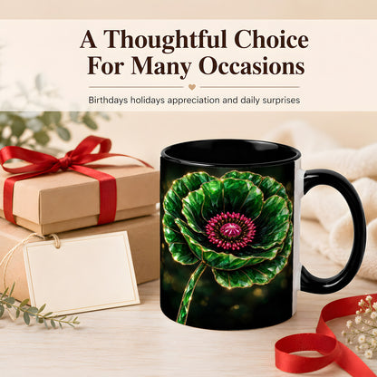 #pl[11oz|Black] Emerald Floral Coffee Mug, Gemstone Style Flower Mug, Ceramic Cup
