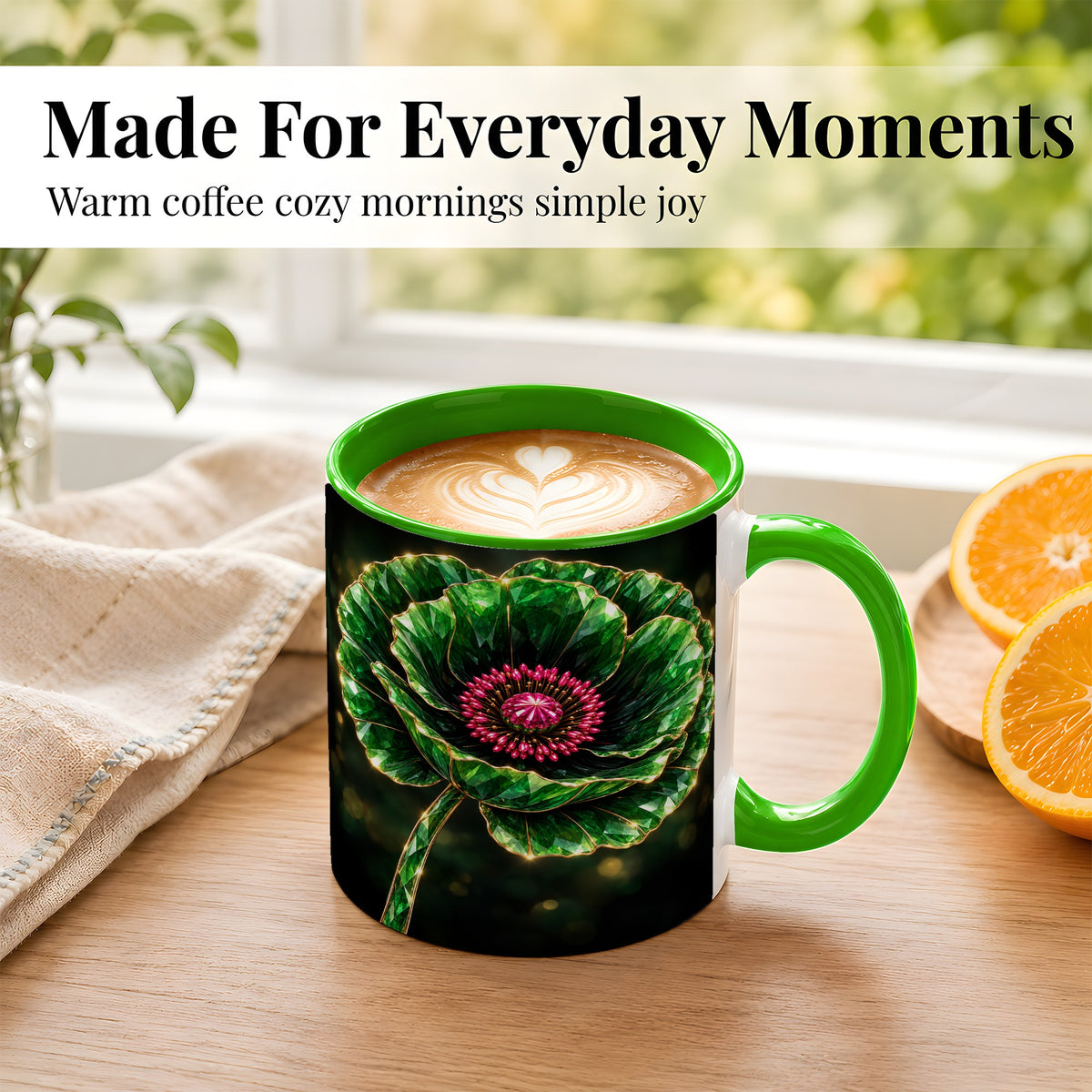 #pl[11oz|Green] Emerald Floral Coffee Mug, Gemstone Style Flower Mug, Ceramic Cup