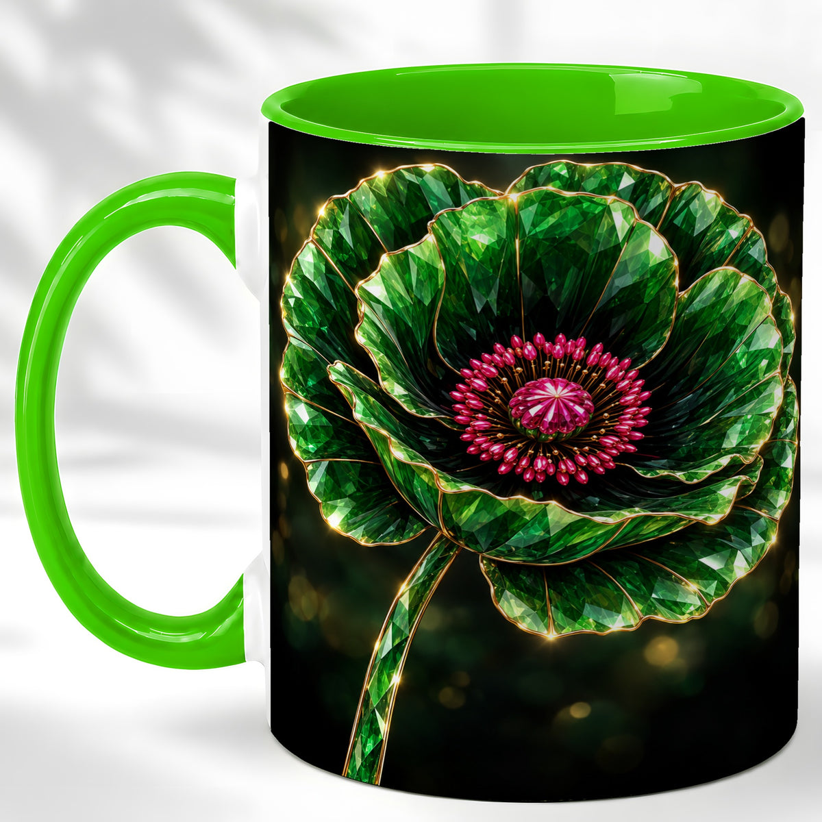 #pl[11oz|Green] Emerald Floral Coffee Mug, Gemstone Style Flower Mug, Ceramic Cup