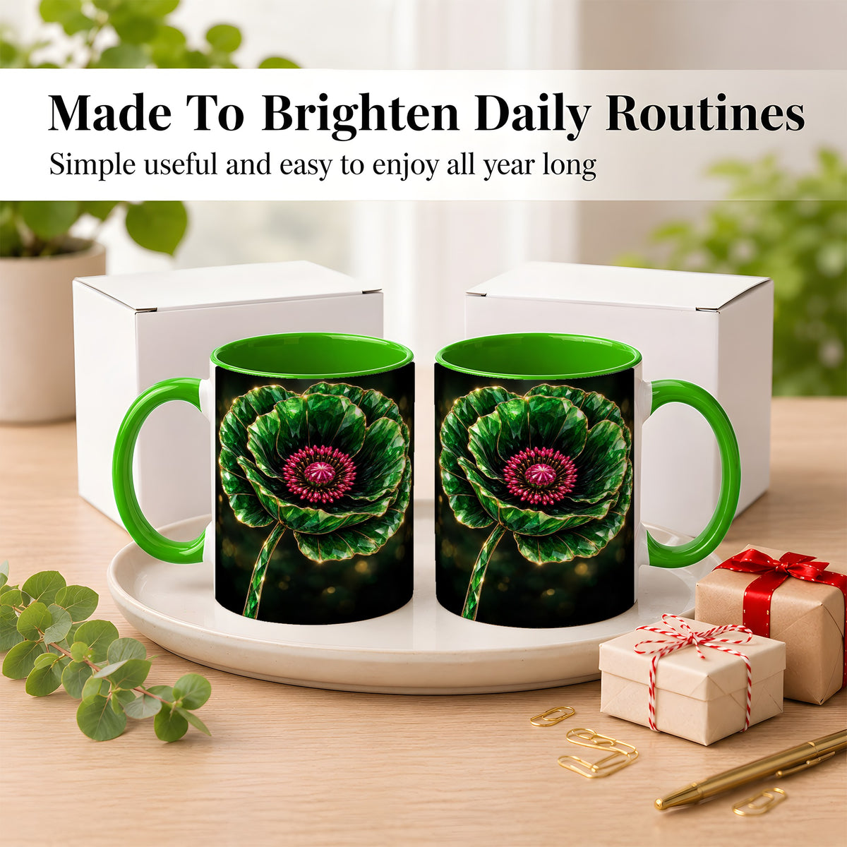 #pl[11oz|Green] Emerald Floral Coffee Mug, Gemstone Style Flower Mug, Ceramic Cup