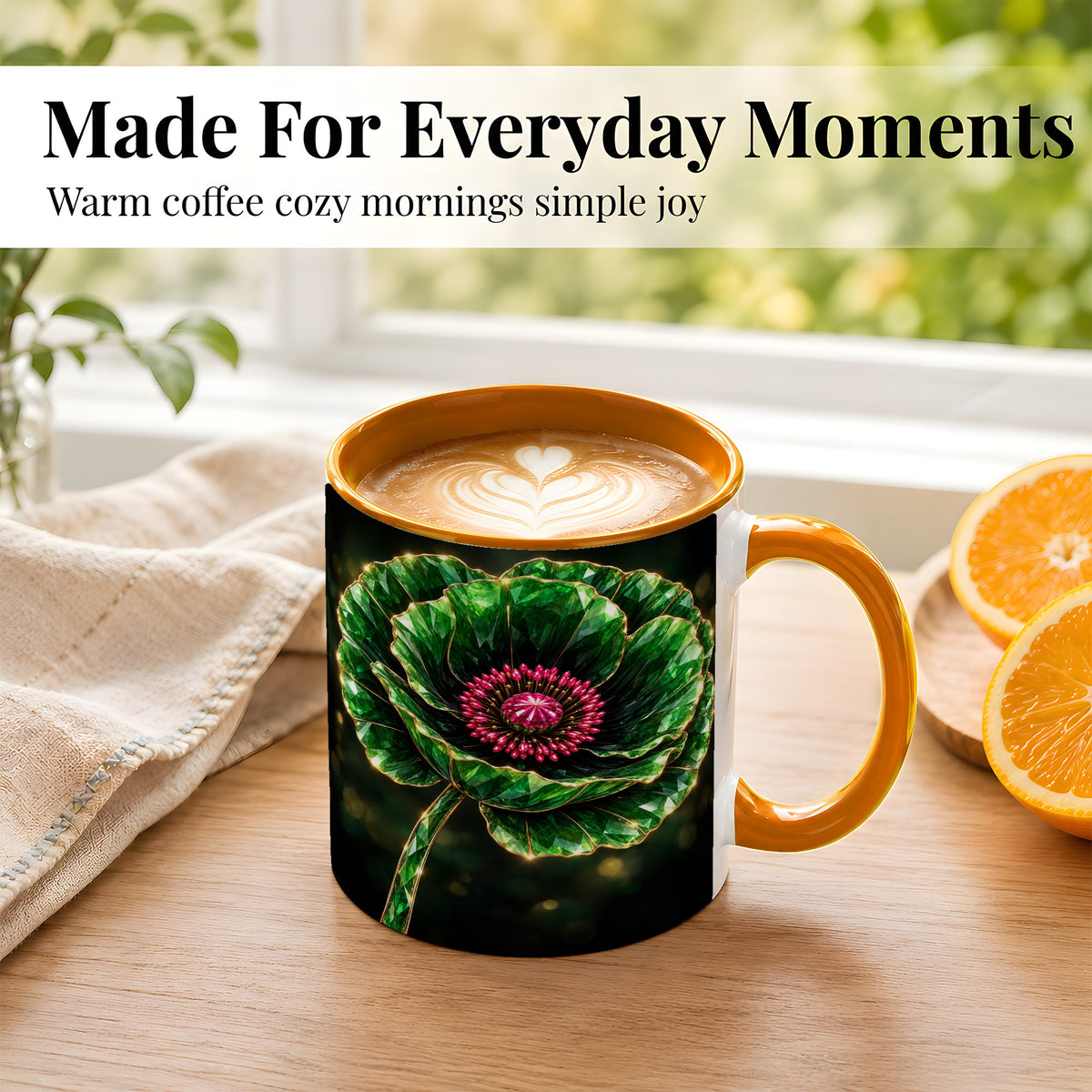 #pl[11oz|Orange] Emerald Floral Coffee Mug, Gemstone Style Flower Mug, Ceramic Cup