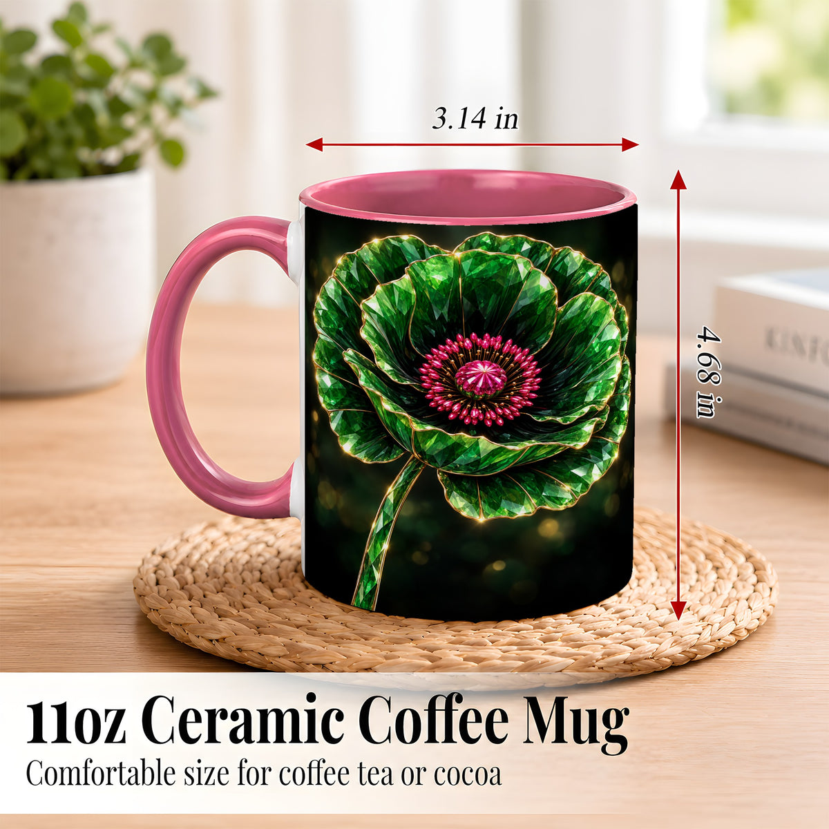 #pl[11oz|Pink] Emerald Floral Coffee Mug, Gemstone Style Flower Mug, Ceramic Cup