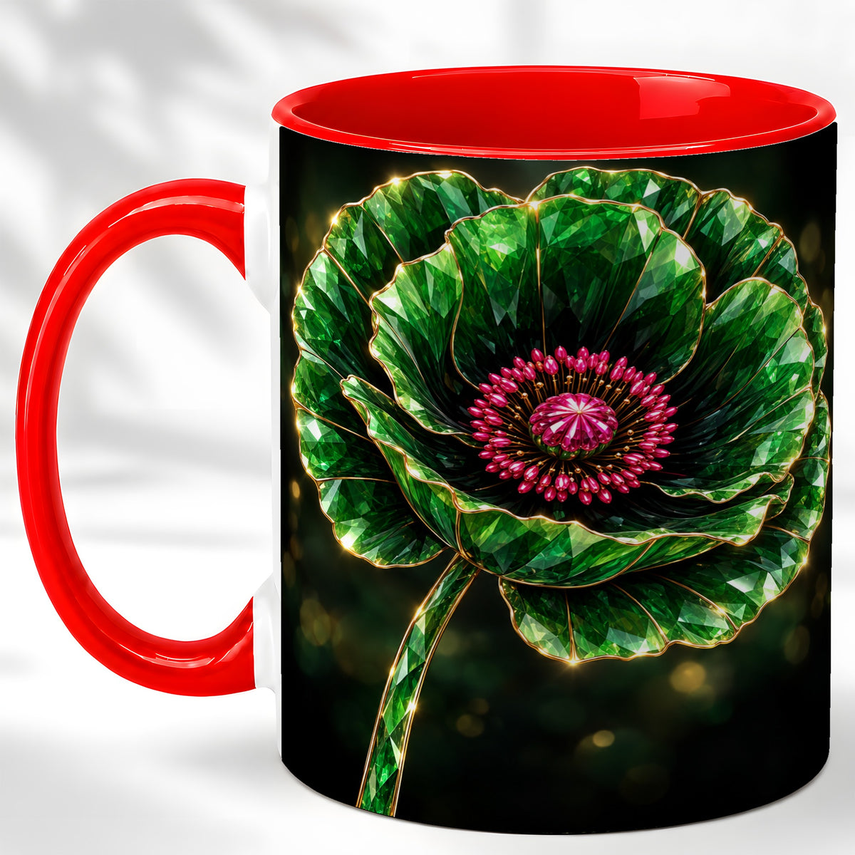 Emerald Floral Coffee Mug, Gemstone Style Flower Mug, Ceramic Cup