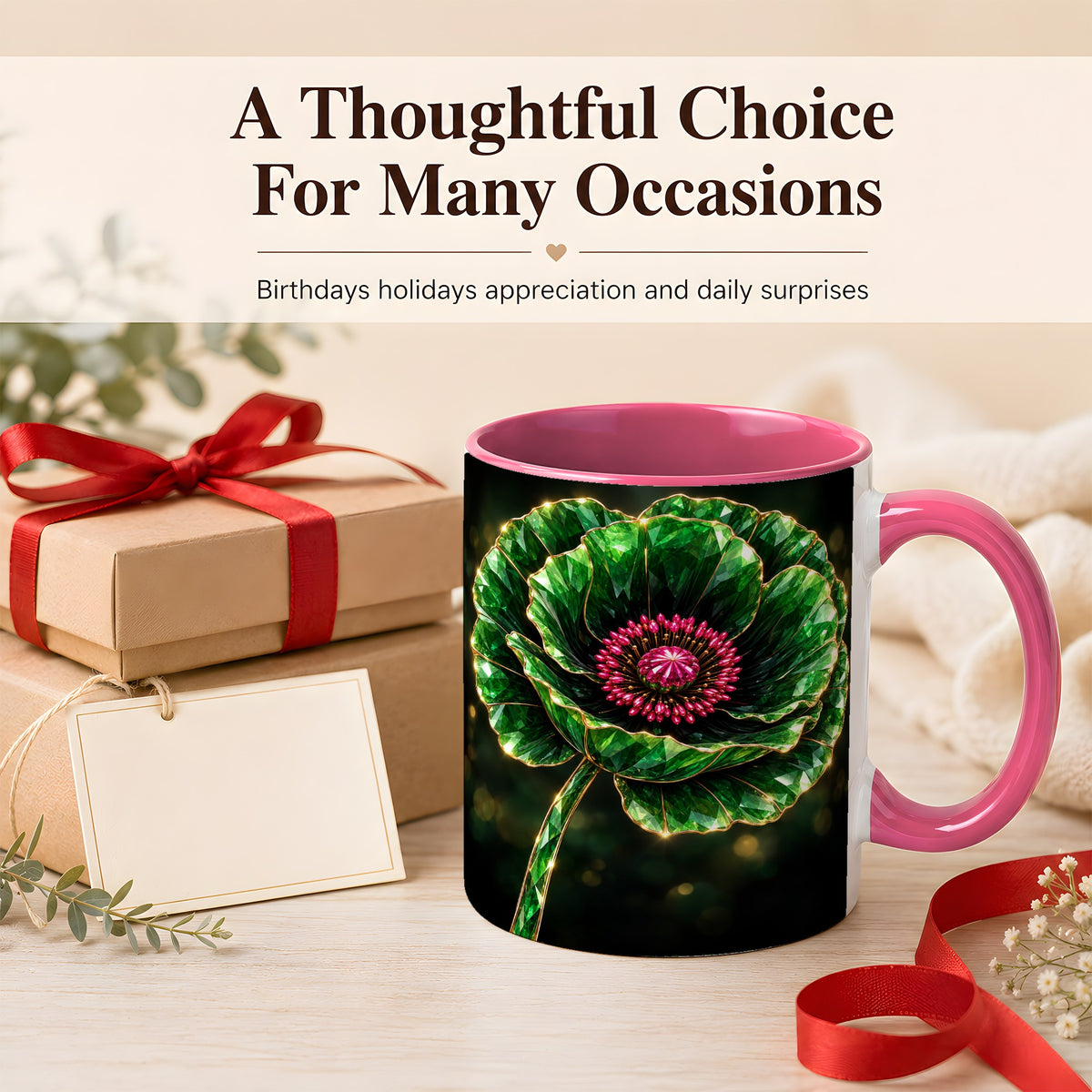 #pl[11oz|Pink] Emerald Floral Coffee Mug, Gemstone Style Flower Mug, Ceramic Cup