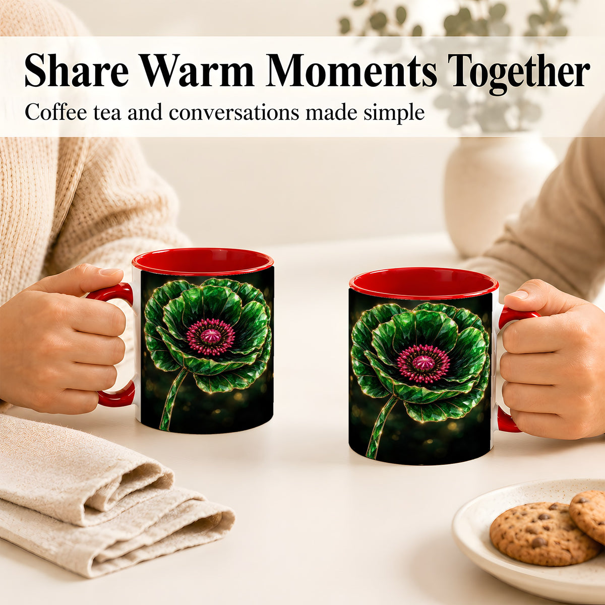 #pl[11oz|Red] Emerald Floral Coffee Mug, Gemstone Style Flower Mug, Ceramic Cup