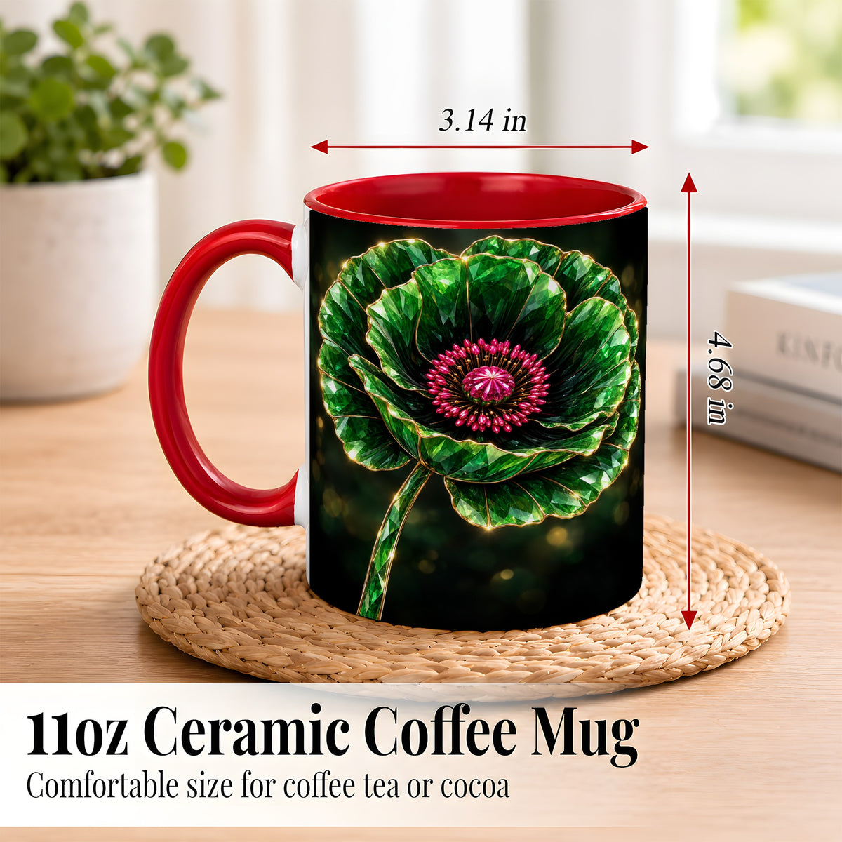 #pl[11oz|Red] Emerald Floral Coffee Mug, Gemstone Style Flower Mug, Ceramic Cup