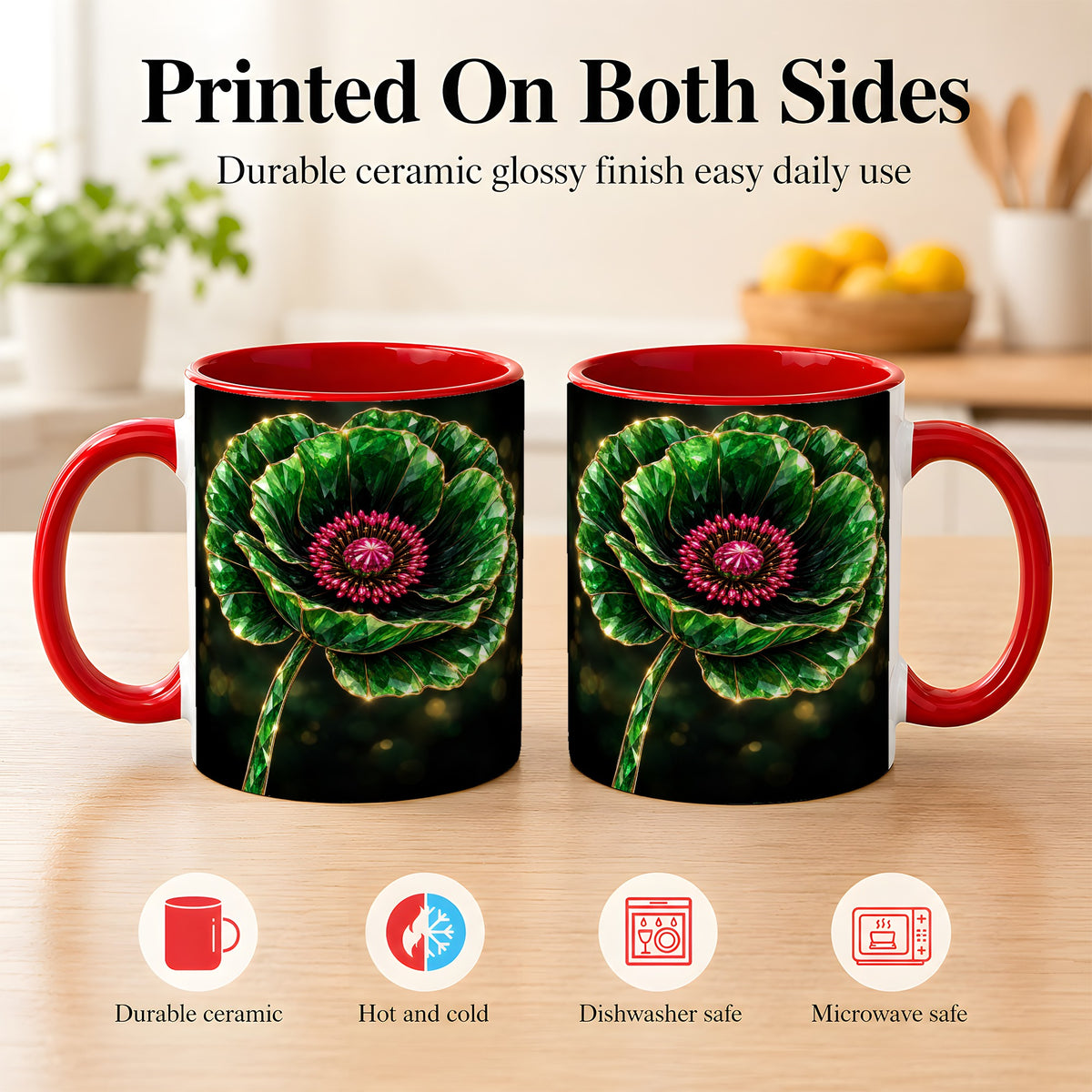 #pl[11oz|Red] Emerald Floral Coffee Mug, Gemstone Style Flower Mug, Ceramic Cup
