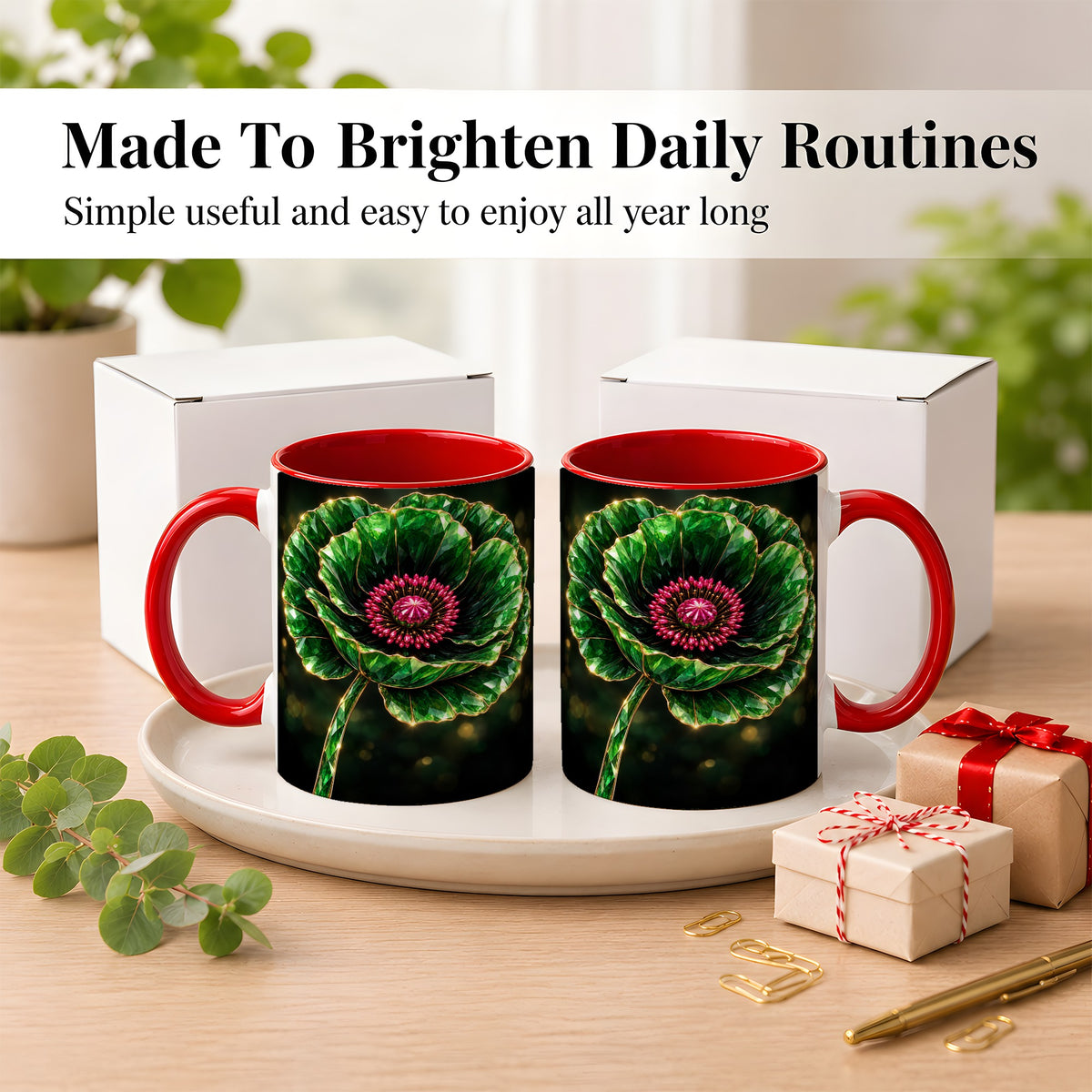 #pl[11oz|Red] Emerald Floral Coffee Mug, Gemstone Style Flower Mug, Ceramic Cup