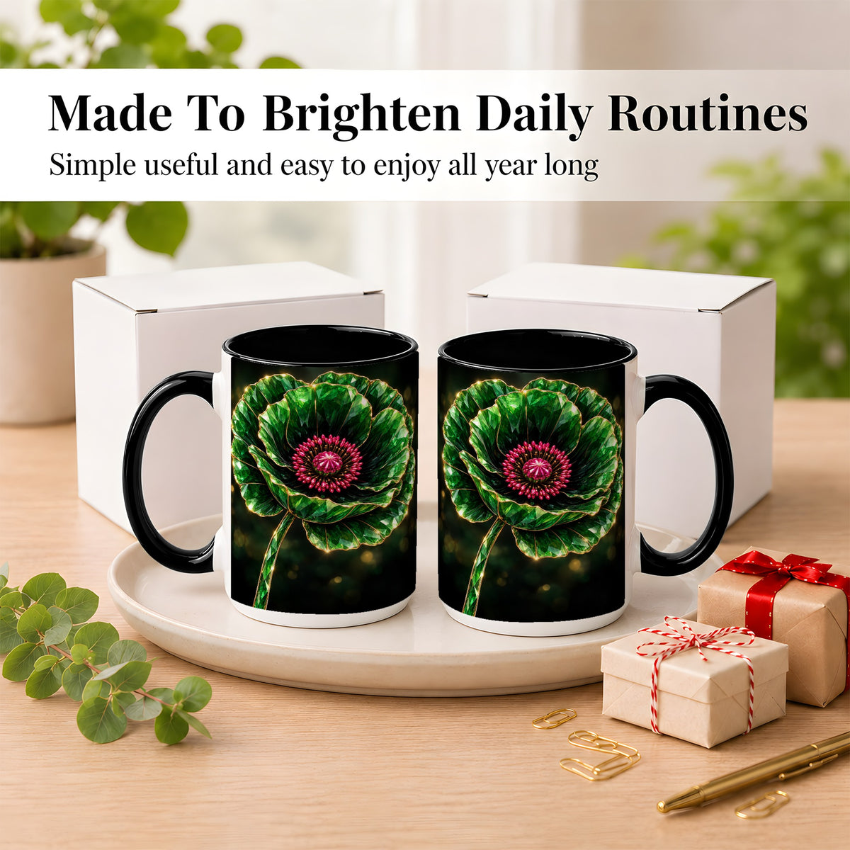 #pl[15oz|Black] Emerald Floral Coffee Mug, Gemstone Style Flower Mug, Ceramic Cup