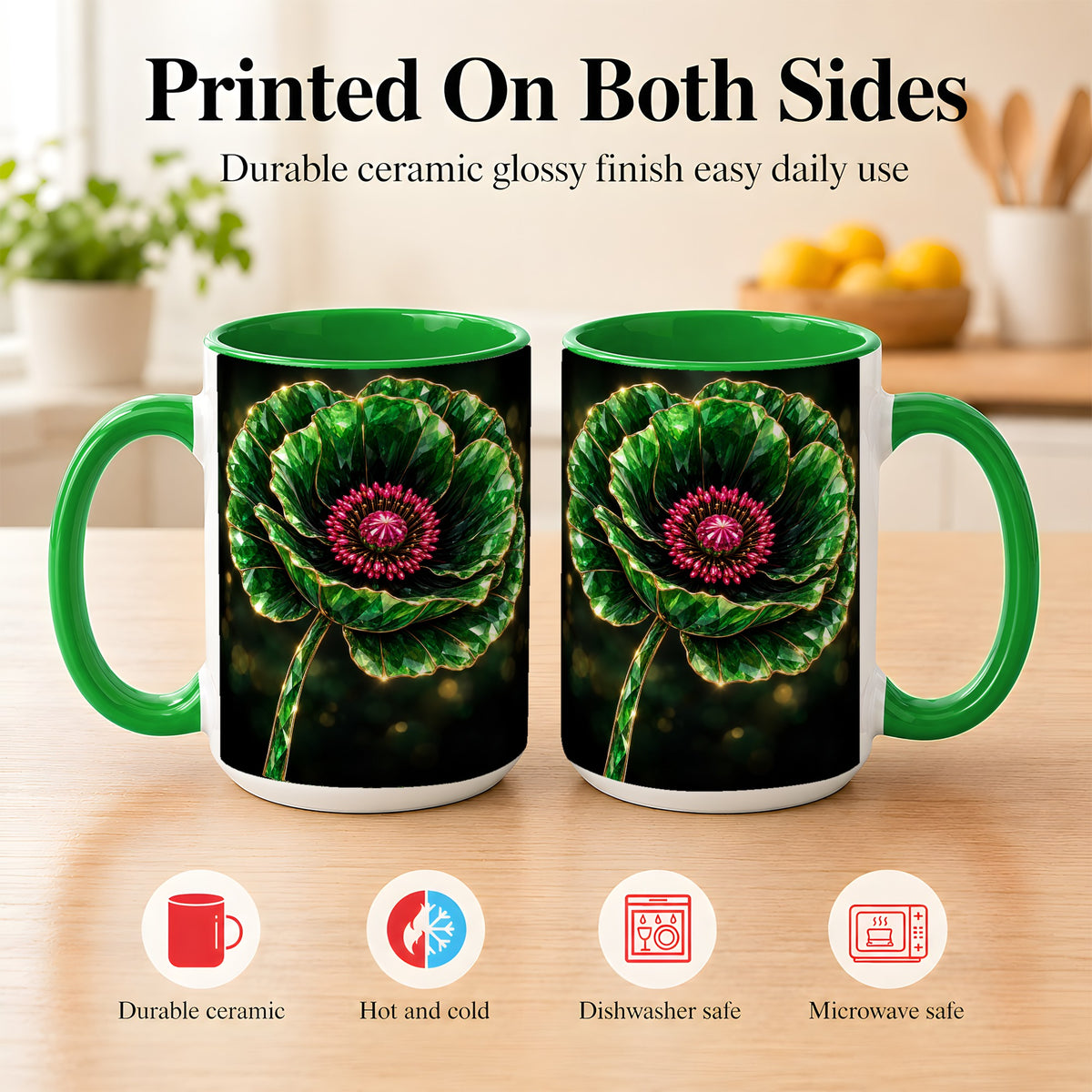 #pl[15oz|Green] Emerald Floral Coffee Mug, Gemstone Style Flower Mug, Ceramic Cup