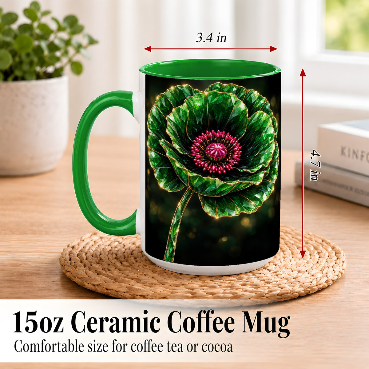 #pl[15oz|Green] Emerald Floral Coffee Mug, Gemstone Style Flower Mug, Ceramic Cup