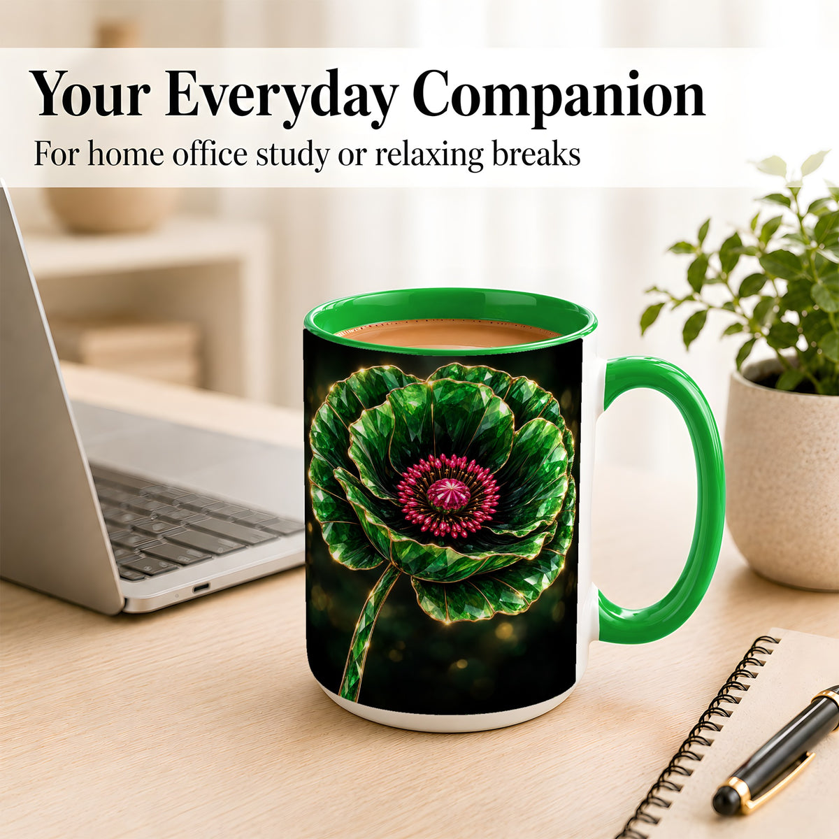 #pl[15oz|Green] Emerald Floral Coffee Mug, Gemstone Style Flower Mug, Ceramic Cup