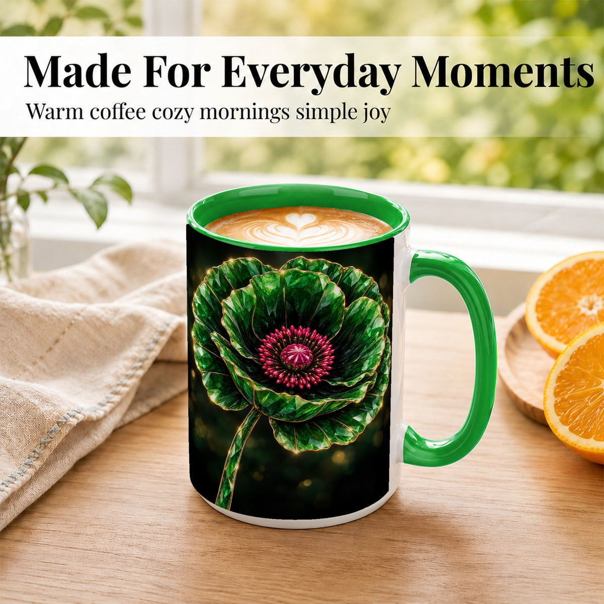 #pl[15oz|Green] Emerald Floral Coffee Mug, Gemstone Style Flower Mug, Ceramic Cup