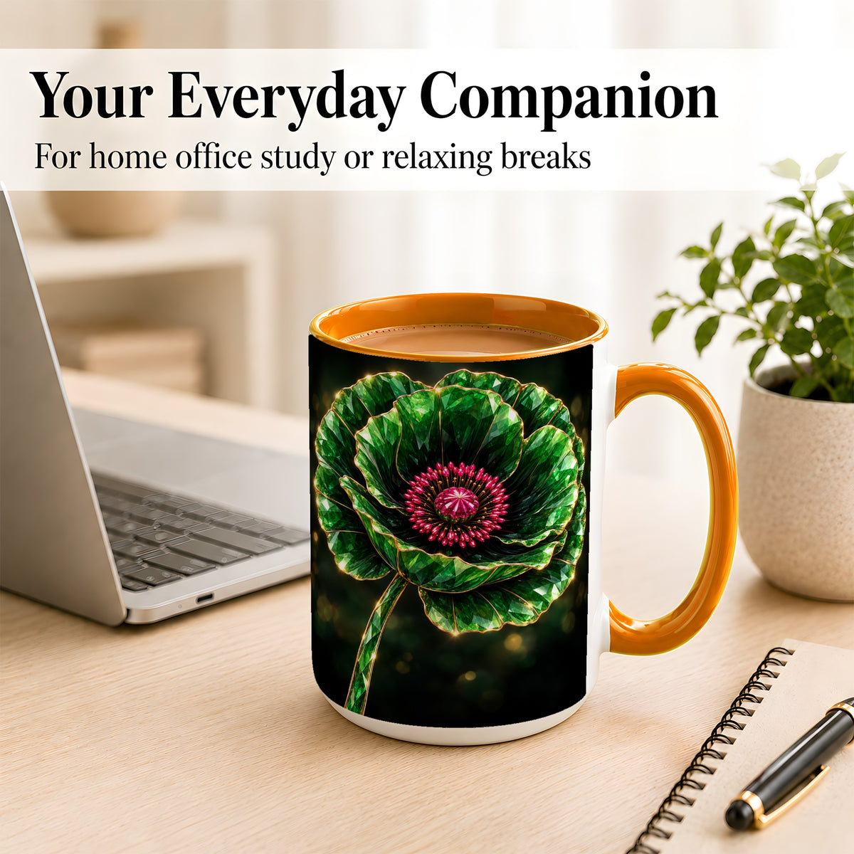 #pl[15oz|Orange] Emerald Floral Coffee Mug, Gemstone Style Flower Mug, Ceramic Cup