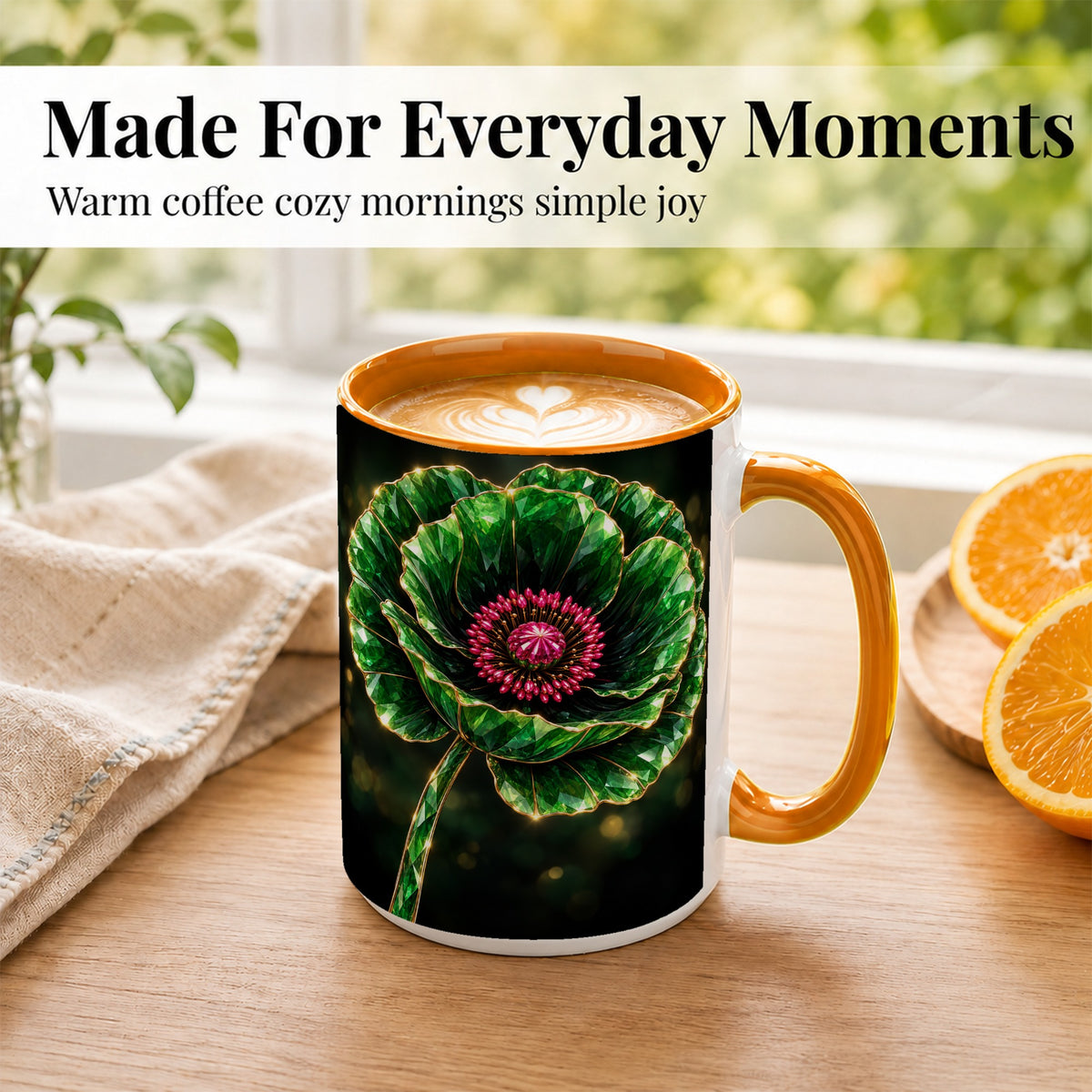 #pl[15oz|Orange] Emerald Floral Coffee Mug, Gemstone Style Flower Mug, Ceramic Cup