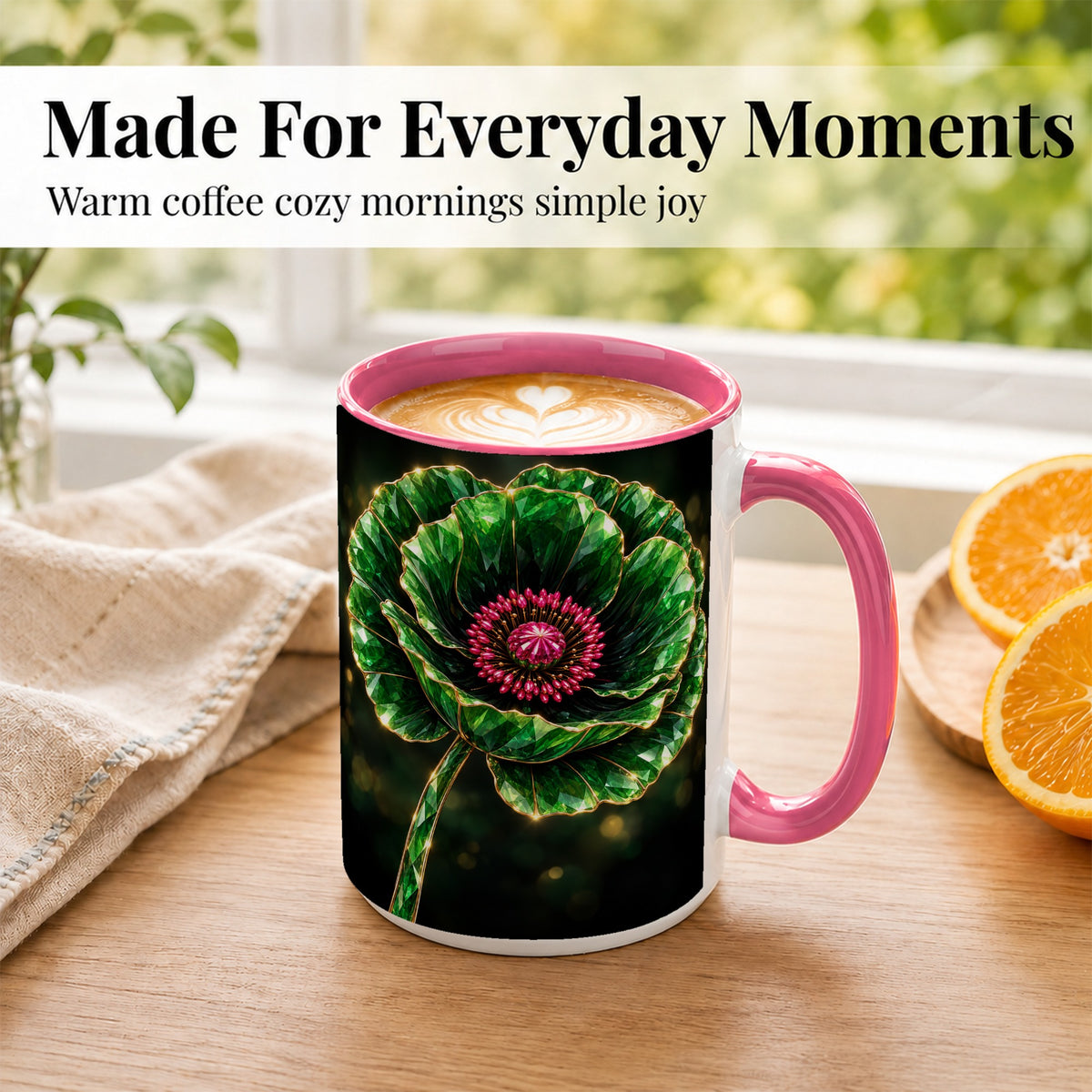 #pl[15oz|Pink] Emerald Floral Coffee Mug, Gemstone Style Flower Mug, Ceramic Cup