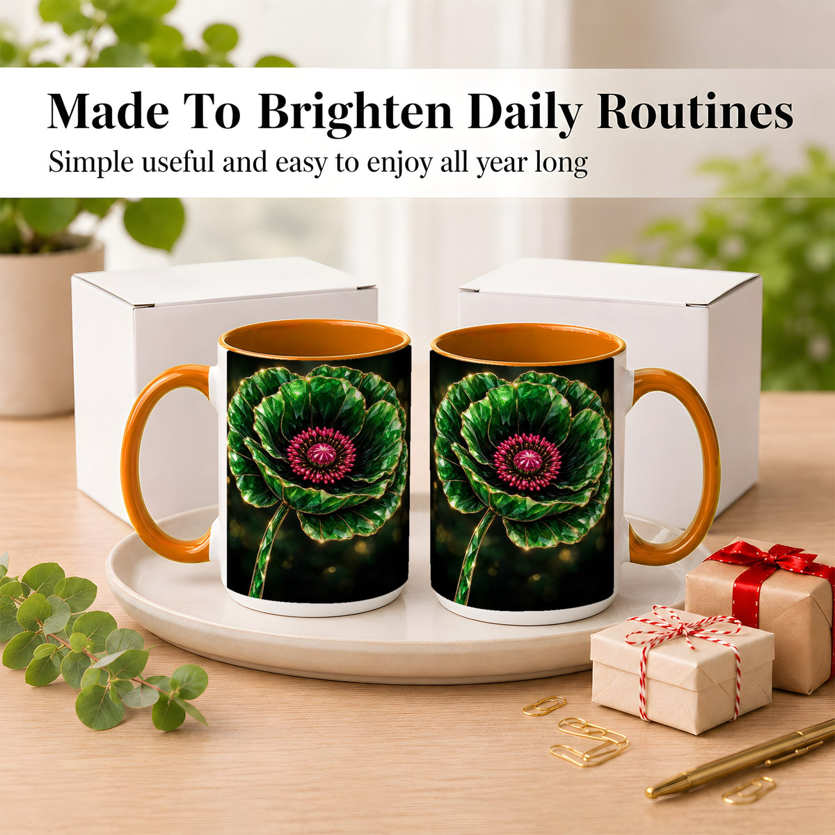 #pl[15oz|Orange] Emerald Floral Coffee Mug, Gemstone Style Flower Mug, Ceramic Cup