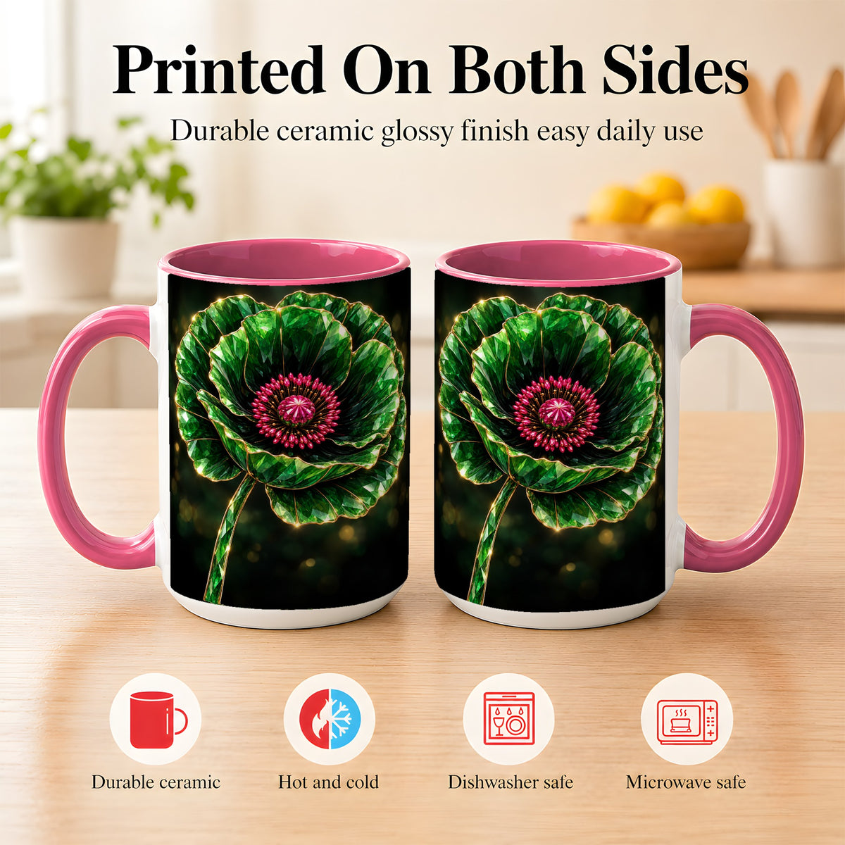 #pl[15oz|Pink] Emerald Floral Coffee Mug, Gemstone Style Flower Mug, Ceramic Cup