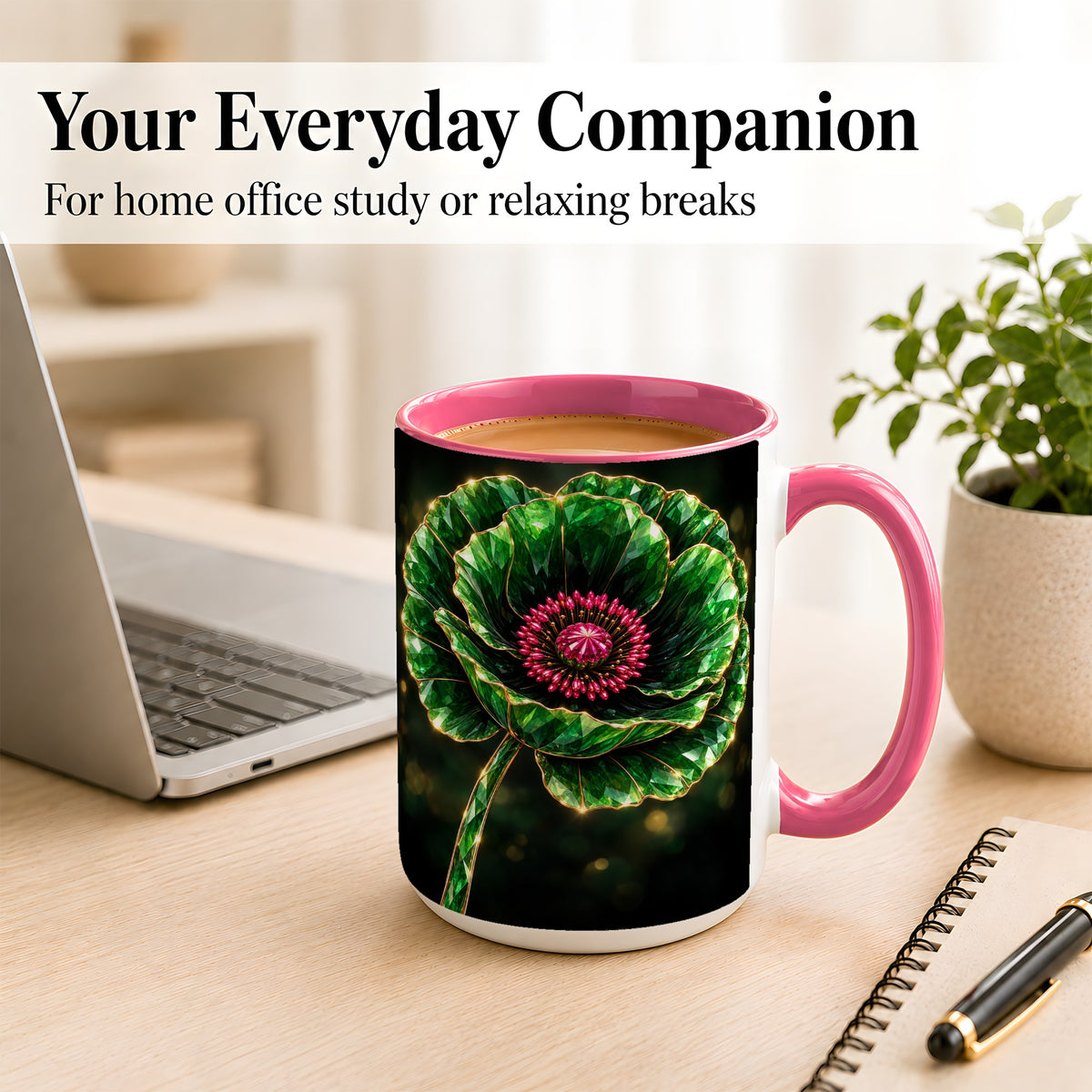#pl[15oz|Pink] Emerald Floral Coffee Mug, Gemstone Style Flower Mug, Ceramic Cup