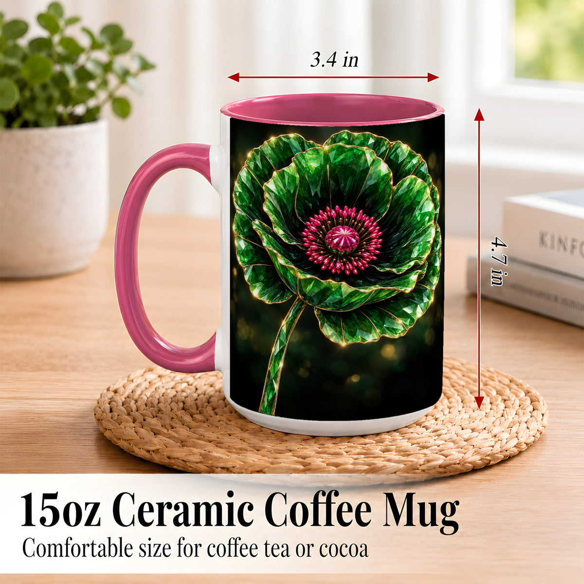 #pl[15oz|Pink] Emerald Floral Coffee Mug, Gemstone Style Flower Mug, Ceramic Cup