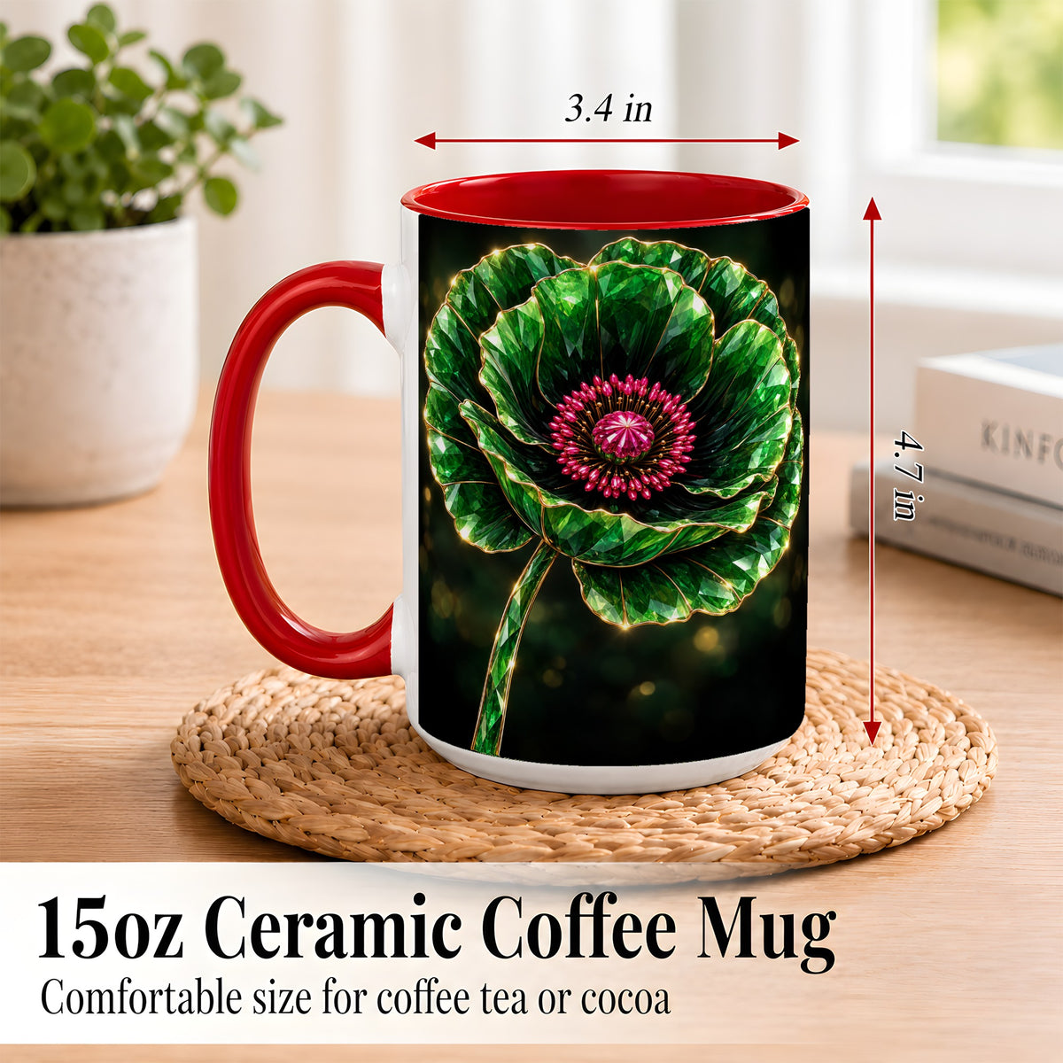 #pl[15oz|Red] Emerald Floral Coffee Mug, Gemstone Style Flower Mug, Ceramic Cup