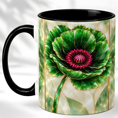 #pl[11oz|Black] Emerald Poppy Coffee Mug, Stained Glass Style Mug, Ceramic Cup
