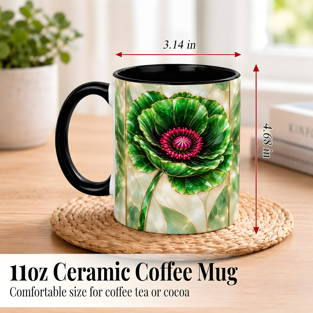 #pl[11oz|Black] Emerald Poppy Coffee Mug, Stained Glass Style Mug, Ceramic Cup