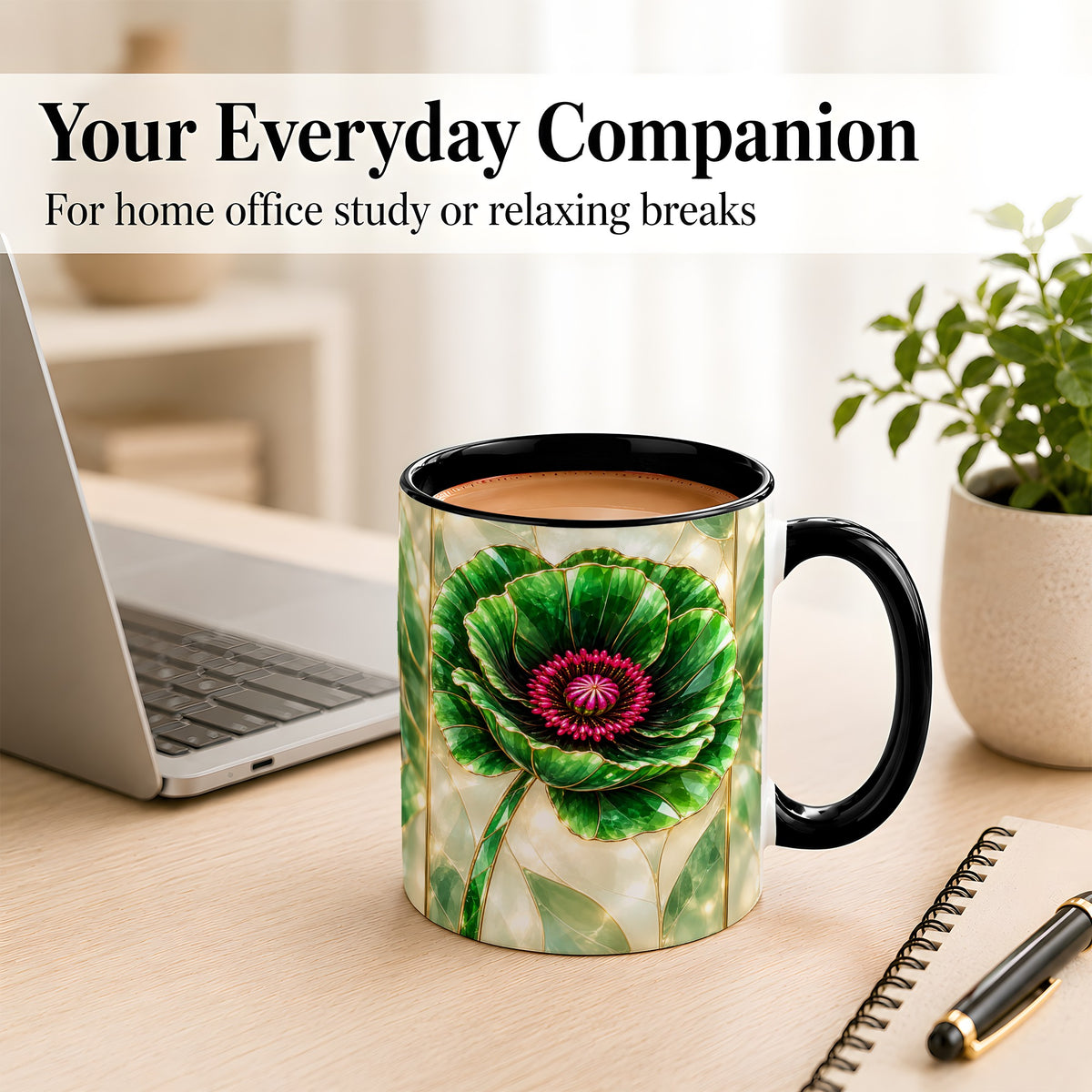 #pl[11oz|Black] Emerald Poppy Coffee Mug, Stained Glass Style Mug, Ceramic Cup