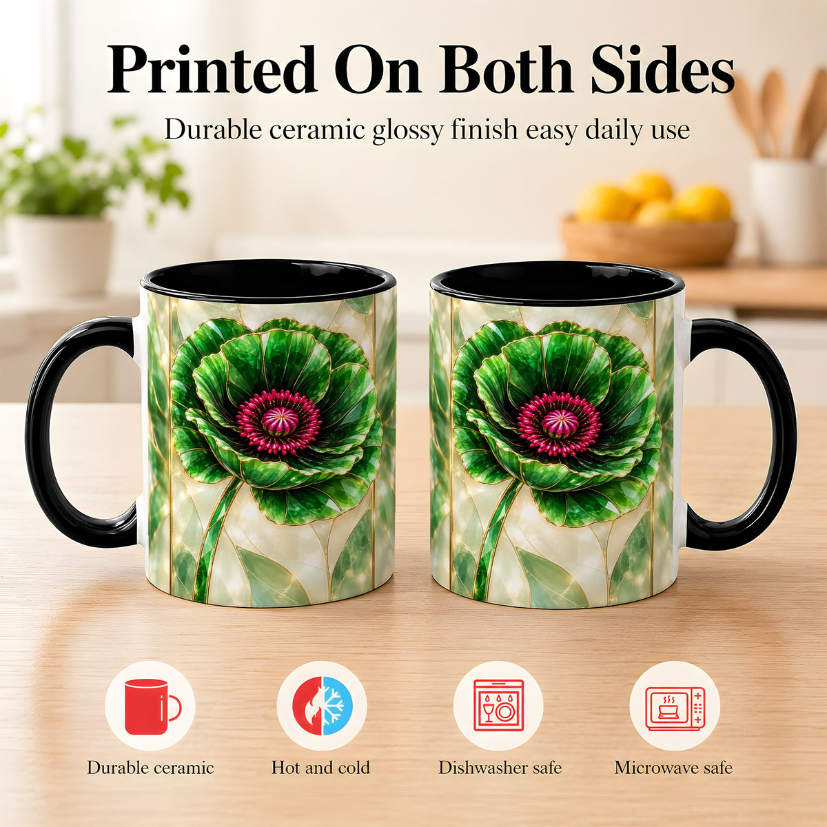 #pl[11oz|Black] Emerald Poppy Coffee Mug, Stained Glass Style Mug, Ceramic Cup