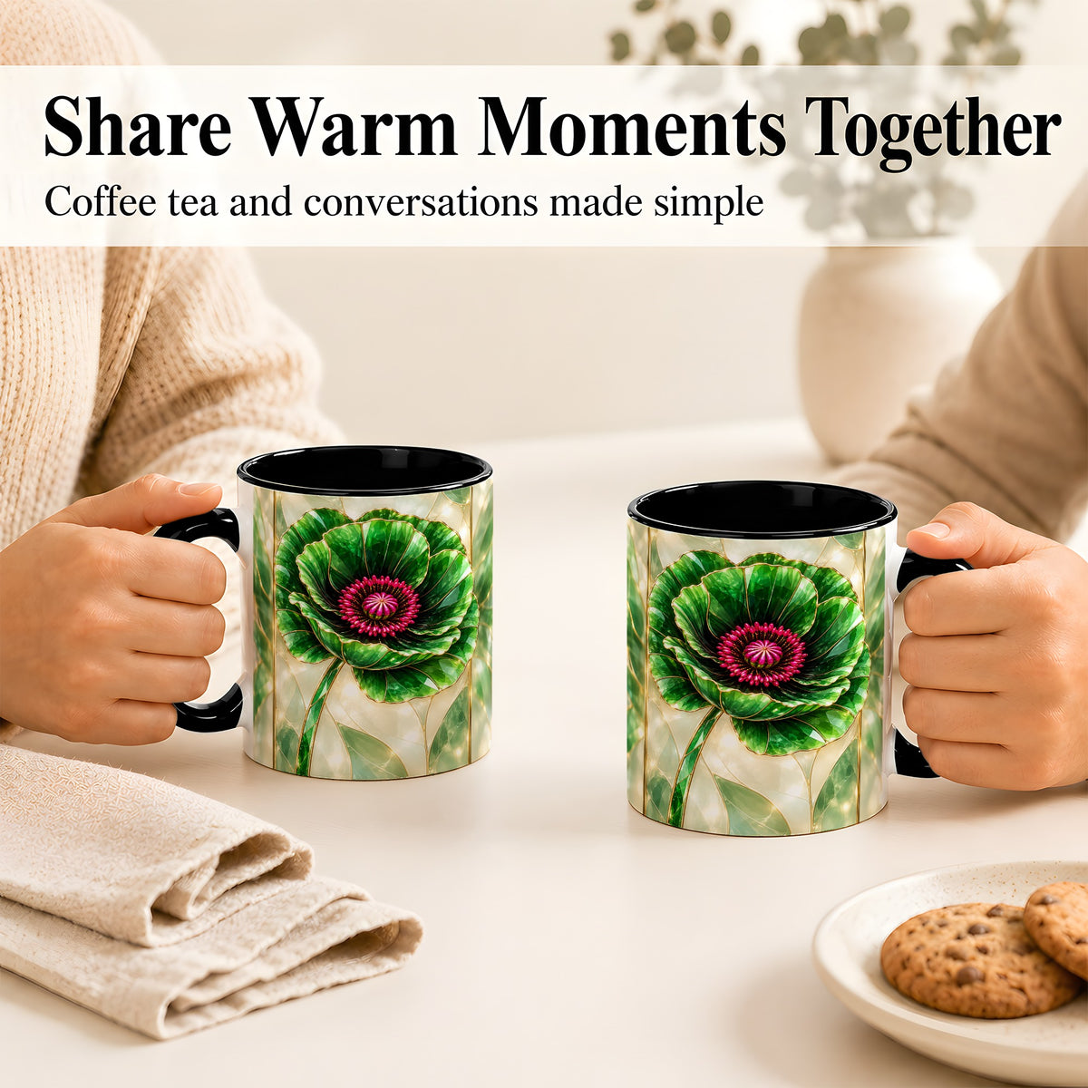#pl[11oz|Black] Emerald Poppy Coffee Mug, Stained Glass Style Mug, Ceramic Cup