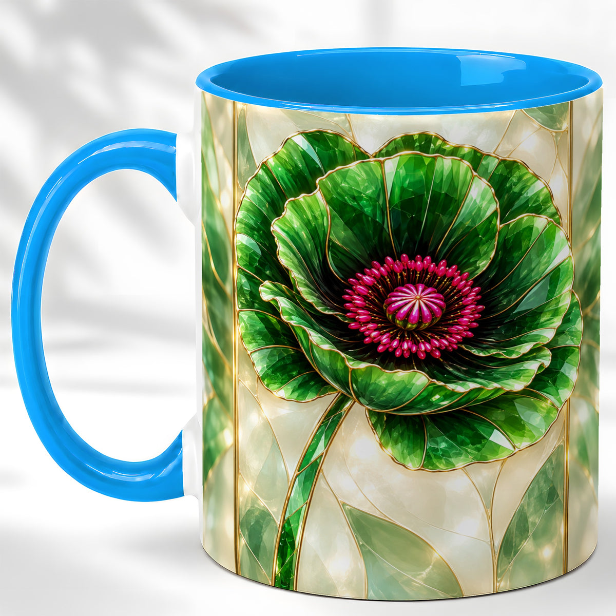 #pl[11oz|Blue] Emerald Poppy Coffee Mug, Stained Glass Style Mug, Ceramic Cup
