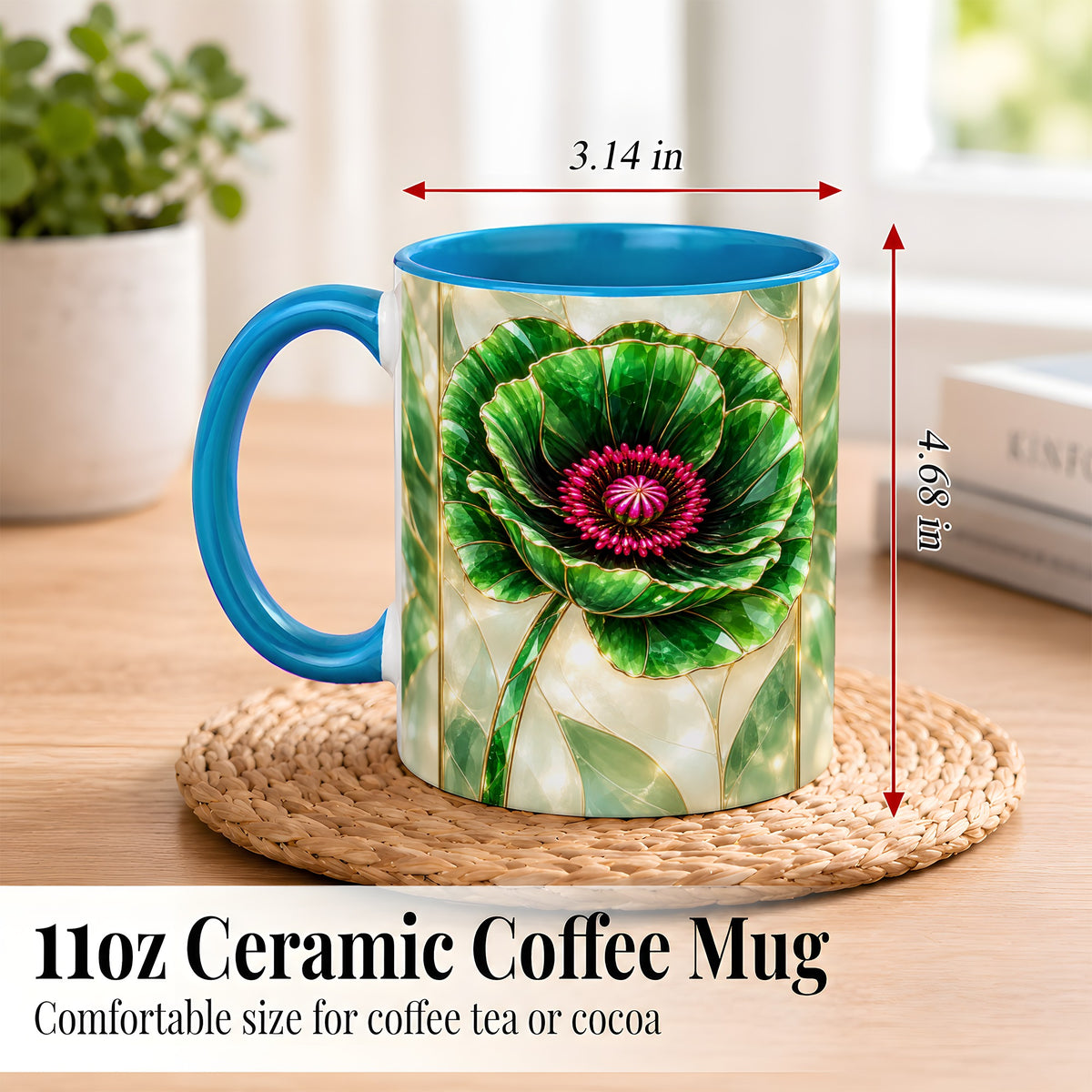 #pl[11oz|Blue] Emerald Poppy Coffee Mug, Stained Glass Style Mug, Ceramic Cup