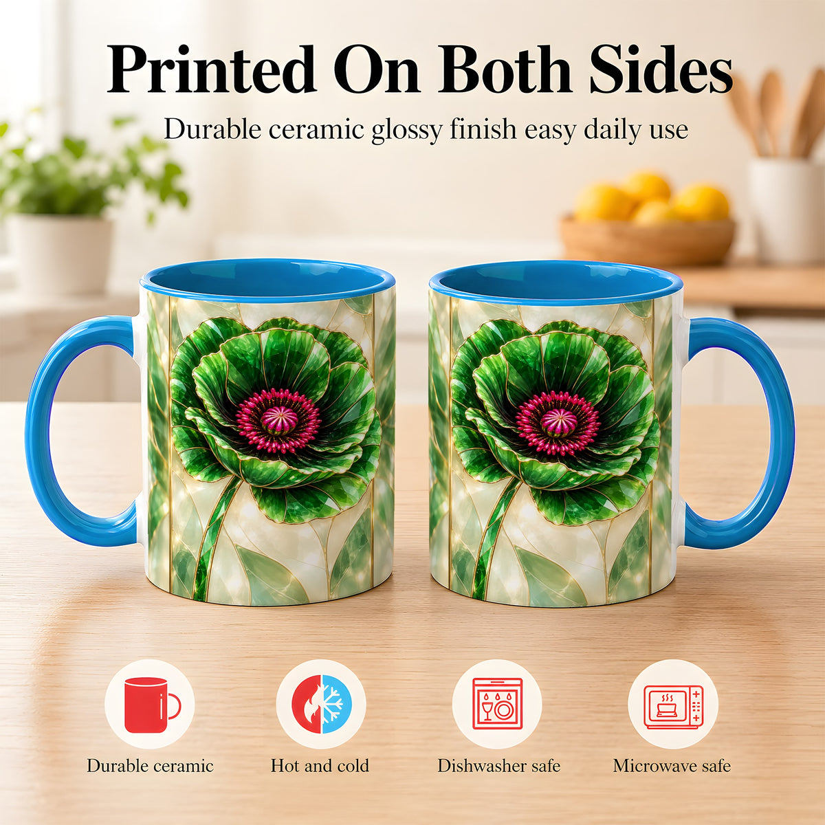 #pl[11oz|Blue] Emerald Poppy Coffee Mug, Stained Glass Style Mug, Ceramic Cup