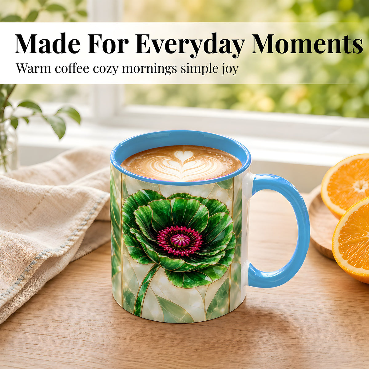 #pl[11oz|Blue] Emerald Poppy Coffee Mug, Stained Glass Style Mug, Ceramic Cup