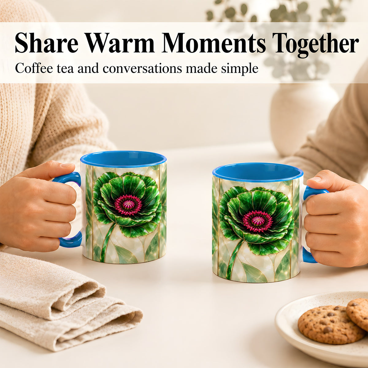 #pl[11oz|Blue] Emerald Poppy Coffee Mug, Stained Glass Style Mug, Ceramic Cup