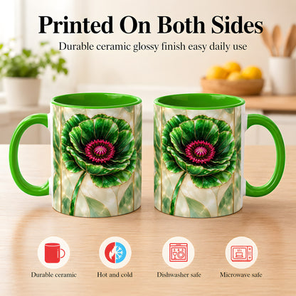 #pl[11oz|Green] Emerald Poppy Coffee Mug, Stained Glass Style Mug, Ceramic Cup