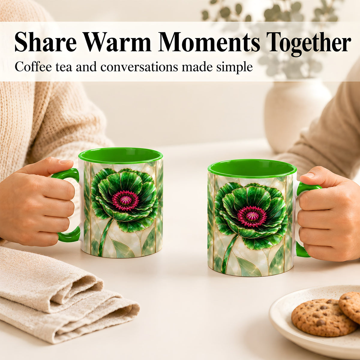 #pl[11oz|Green] Emerald Poppy Coffee Mug, Stained Glass Style Mug, Ceramic Cup