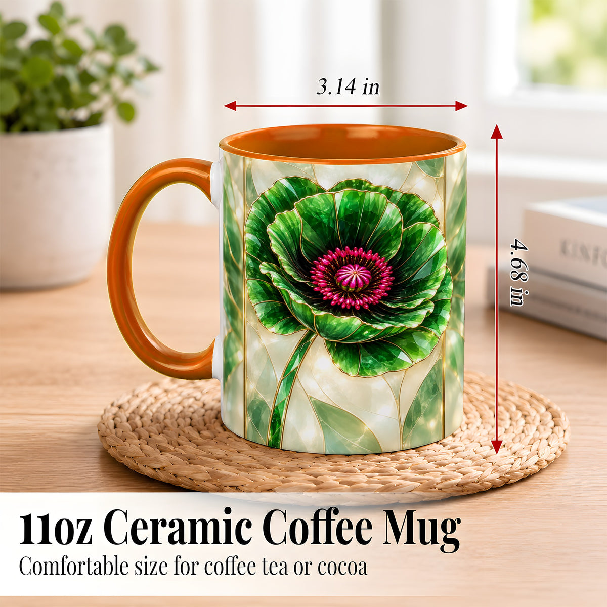 #pl[11oz|Orange] Emerald Poppy Coffee Mug, Stained Glass Style Mug, Ceramic Cup