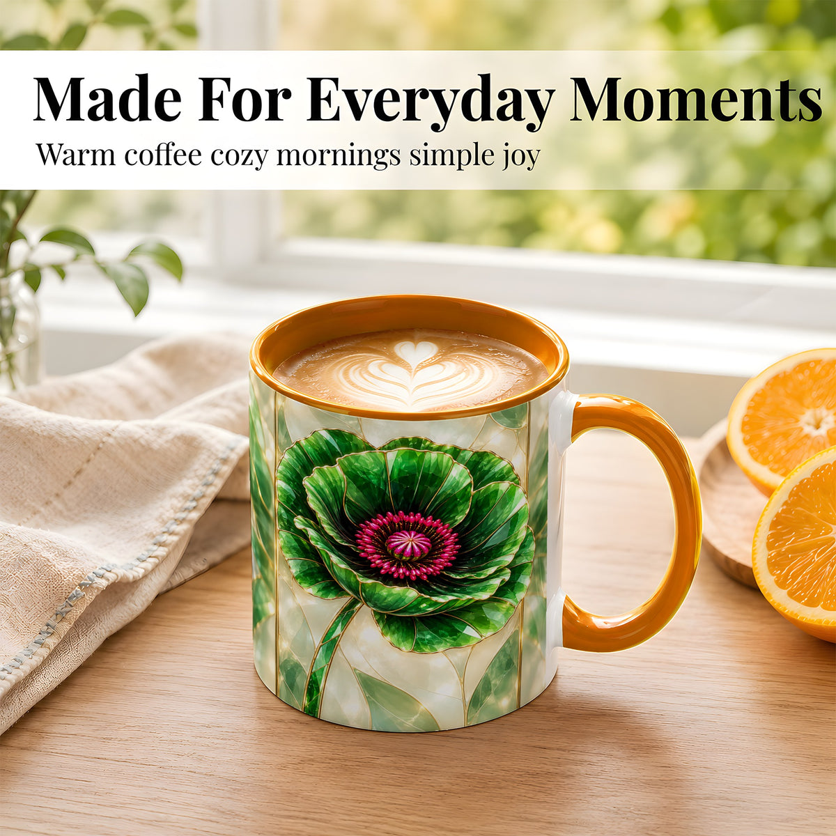 #pl[11oz|Orange] Emerald Poppy Coffee Mug, Stained Glass Style Mug, Ceramic Cup