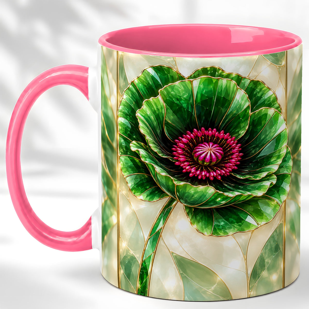 #pl[11oz|Pink] Emerald Poppy Coffee Mug, Stained Glass Style Mug, Ceramic Cup