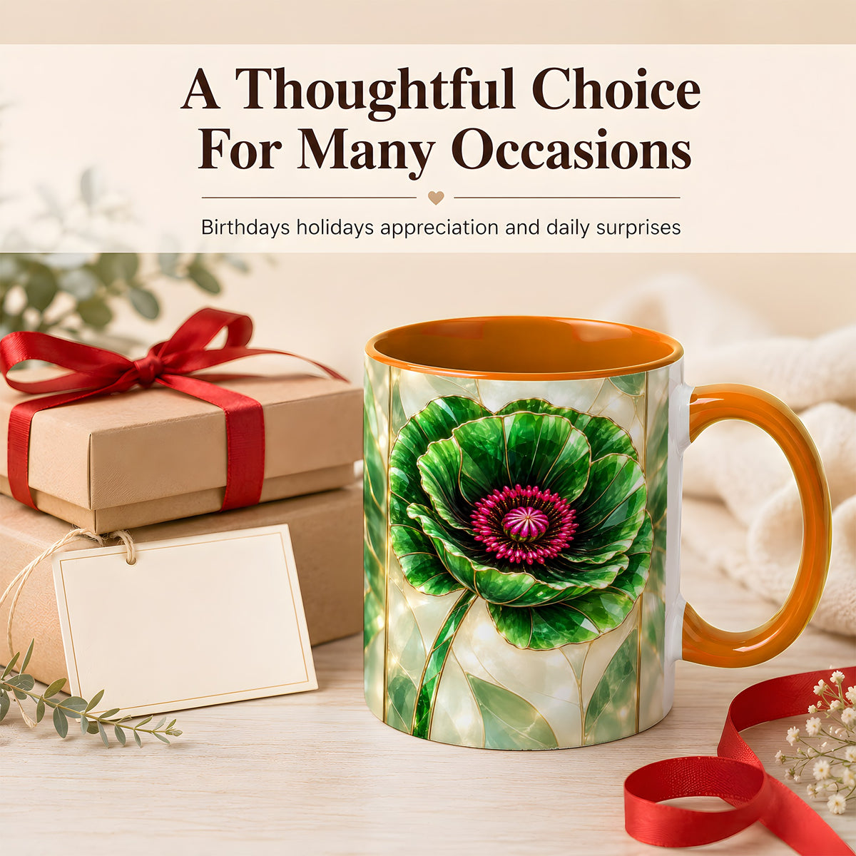 #pl[11oz|Orange] Emerald Poppy Coffee Mug, Stained Glass Style Mug, Ceramic Cup