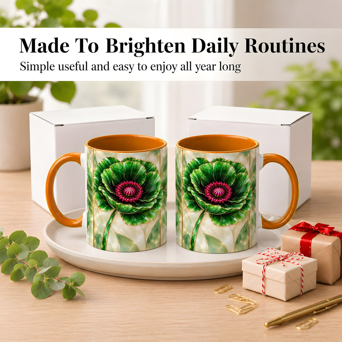 #pl[11oz|Orange] Emerald Poppy Coffee Mug, Stained Glass Style Mug, Ceramic Cup