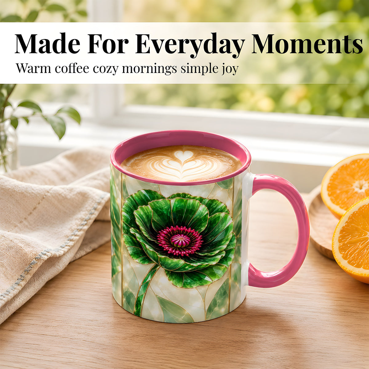 #pl[11oz|Pink] Emerald Poppy Coffee Mug, Stained Glass Style Mug, Ceramic Cup