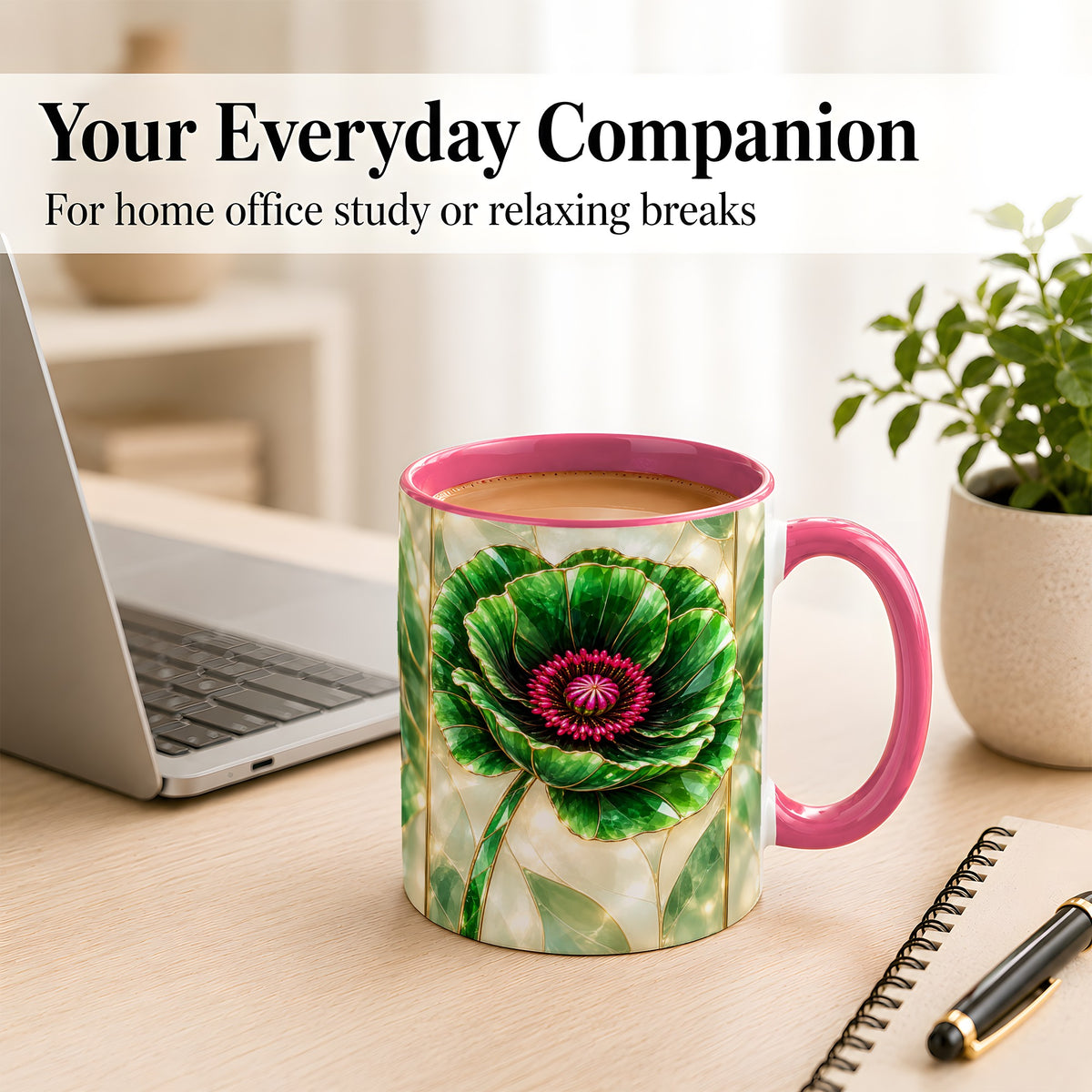 #pl[11oz|Pink] Emerald Poppy Coffee Mug, Stained Glass Style Mug, Ceramic Cup