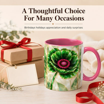 #pl[11oz|Pink] Emerald Poppy Coffee Mug, Stained Glass Style Mug, Ceramic Cup