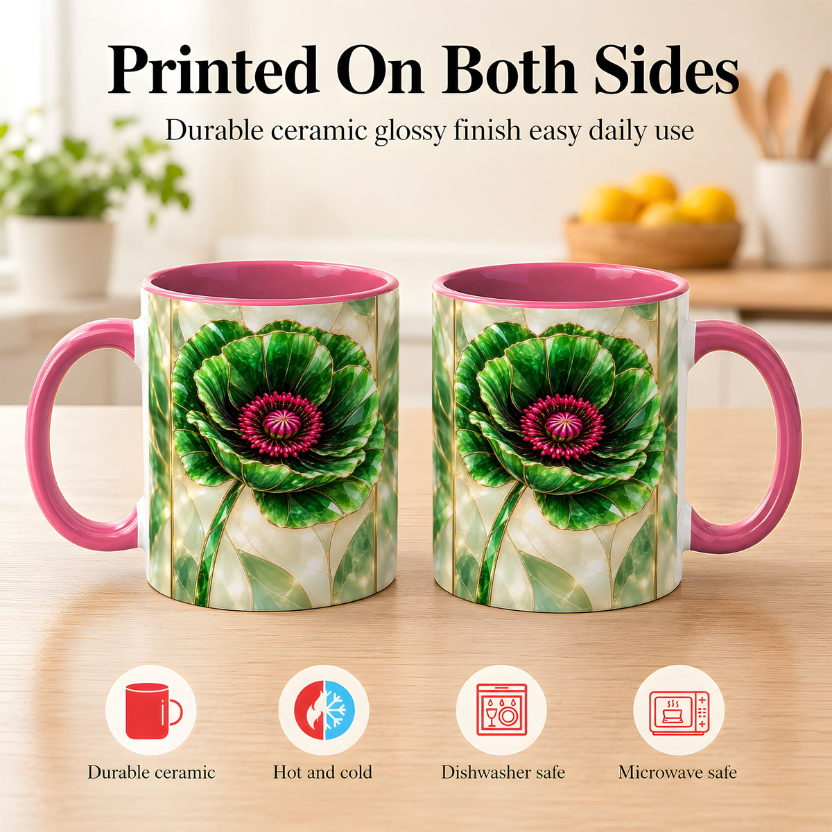 #pl[11oz|Pink] Emerald Poppy Coffee Mug, Stained Glass Style Mug, Ceramic Cup