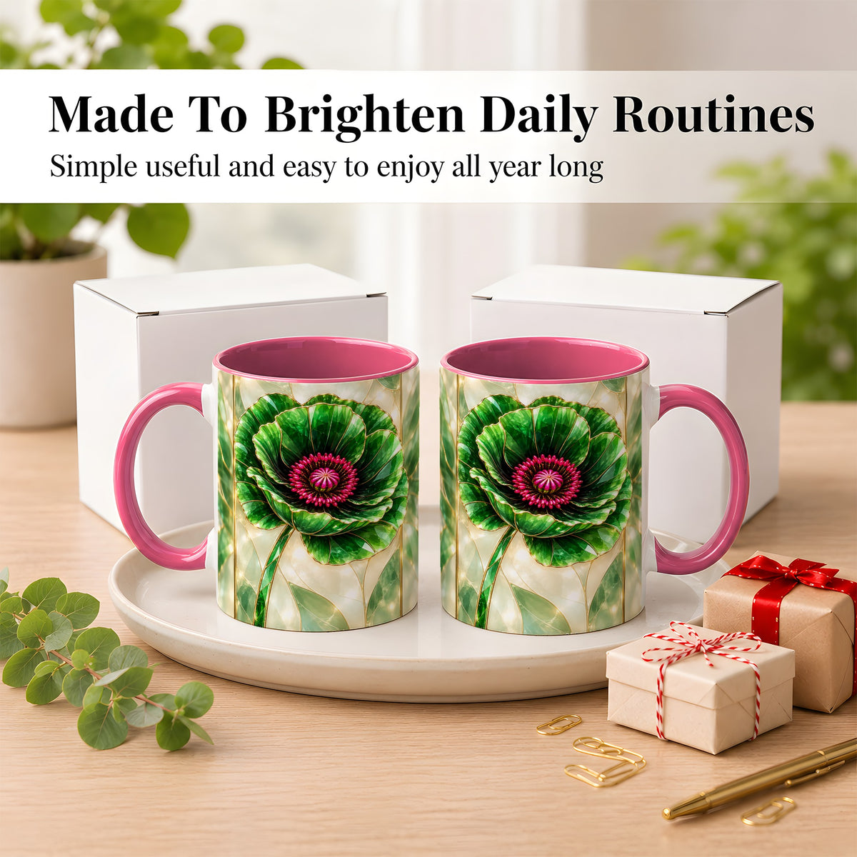 #pl[11oz|Pink] Emerald Poppy Coffee Mug, Stained Glass Style Mug, Ceramic Cup