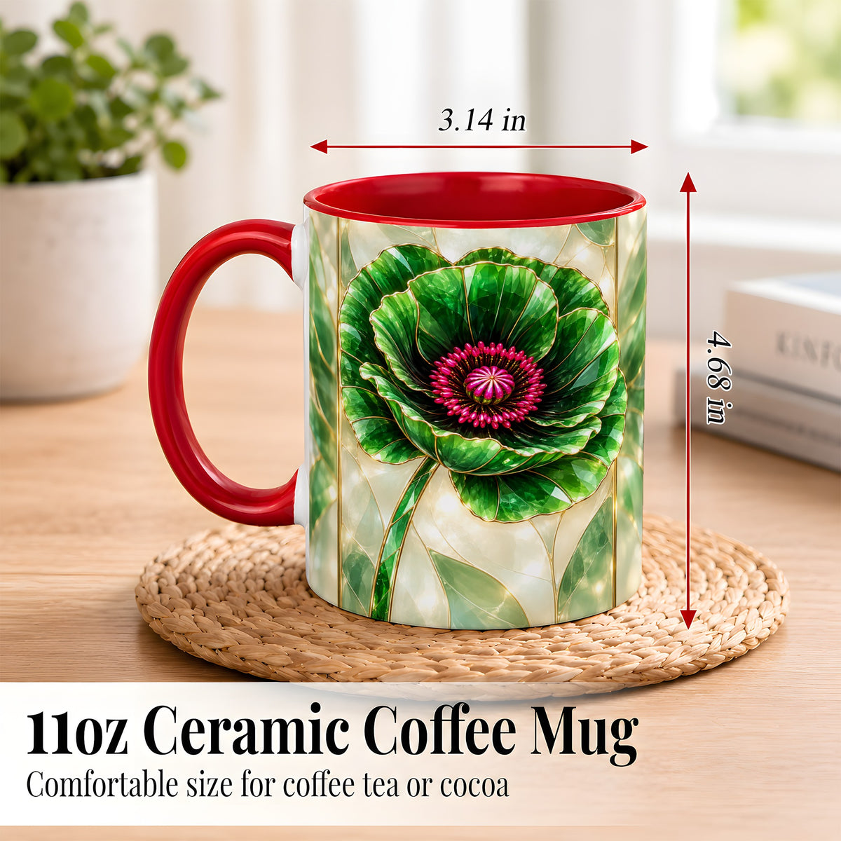 #pl[11oz|Red] Emerald Poppy Coffee Mug, Stained Glass Style Mug, Ceramic Cup